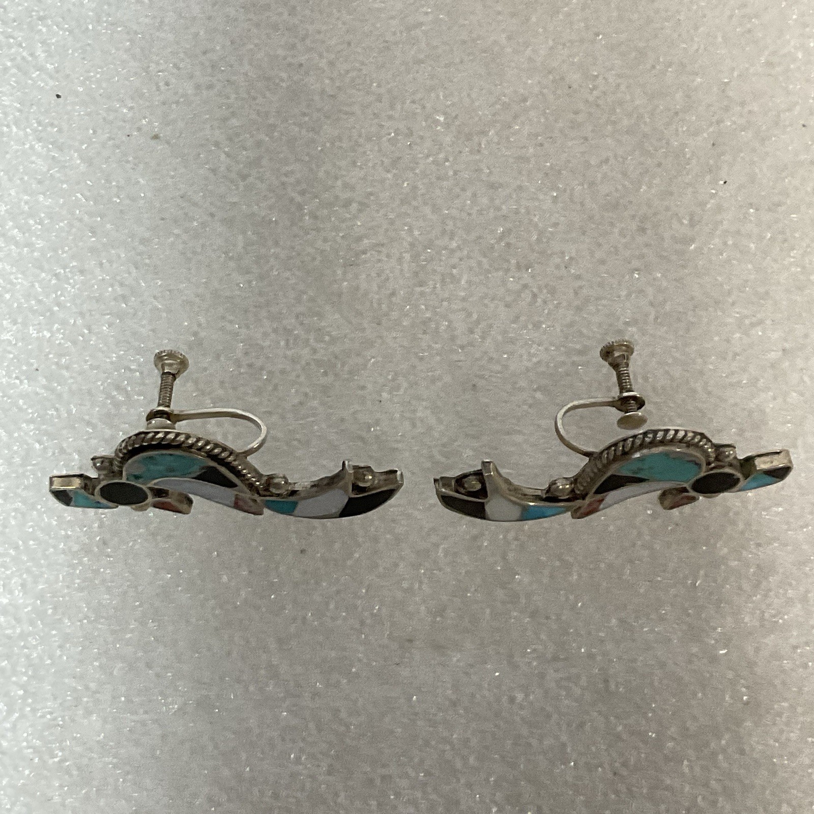 Vintage Sterling Turquoise Onyx Inlay Bird Earrings Screw Back Southwest - Image 11