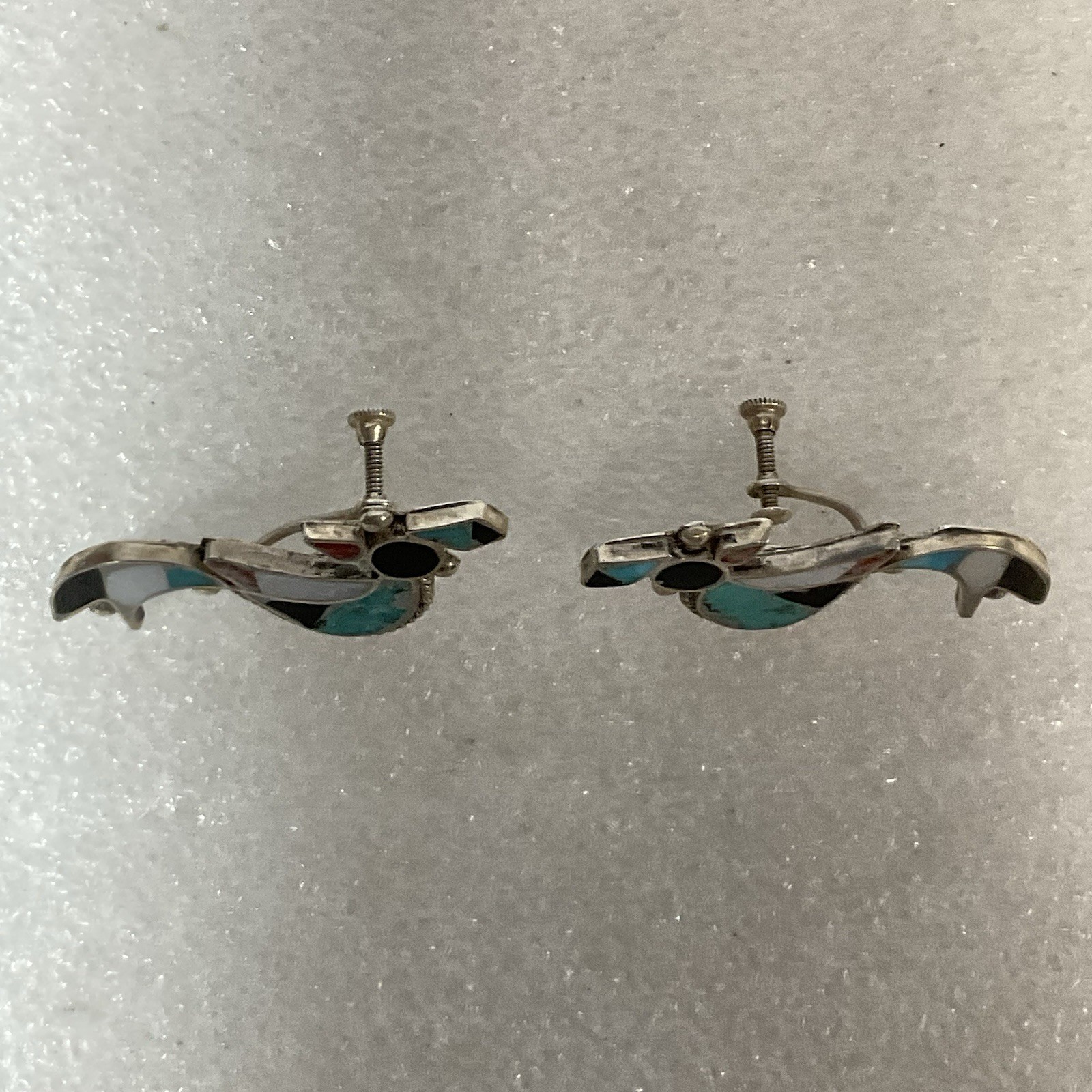 Vintage Sterling Turquoise Onyx Inlay Bird Earrings Screw Back Southwest - Image 10