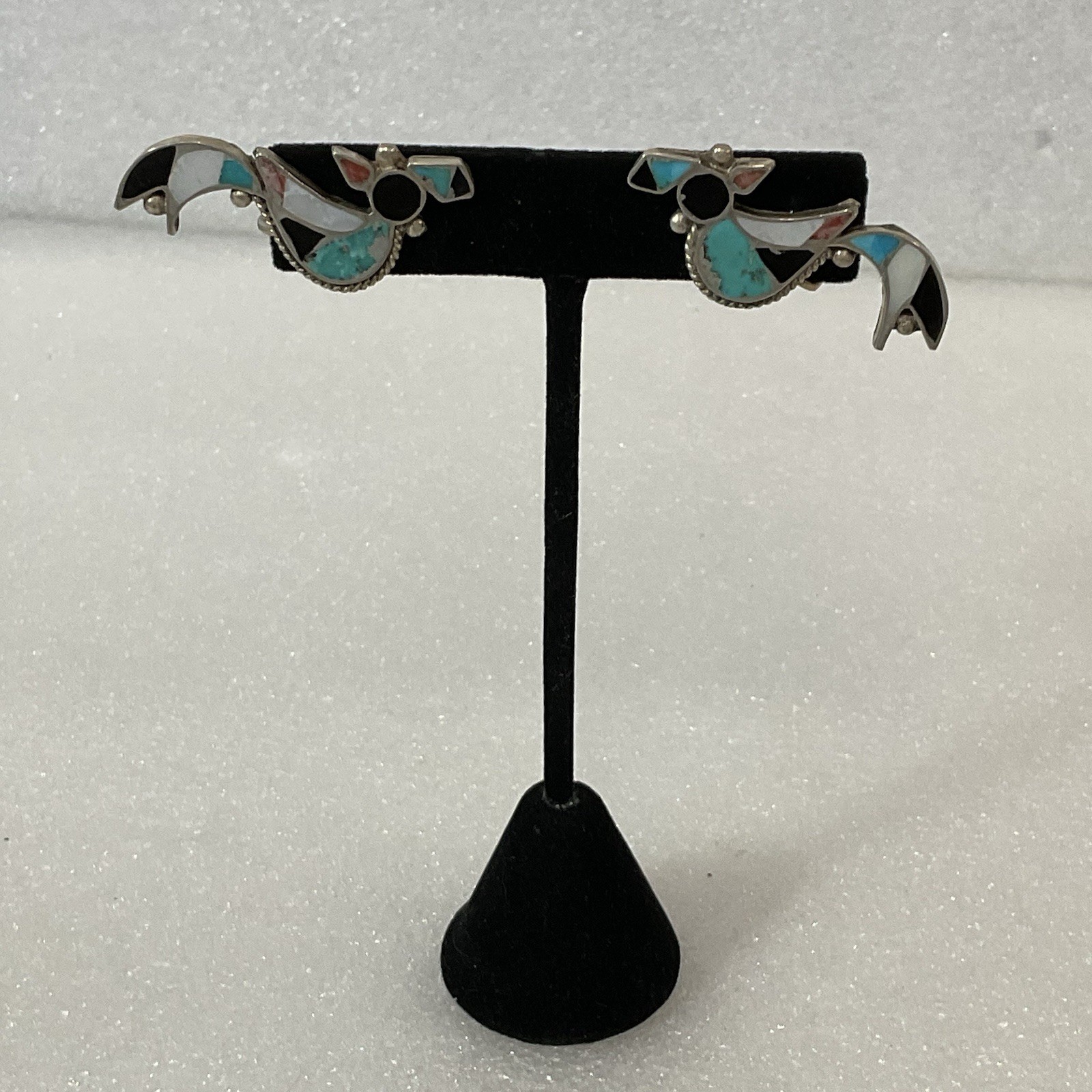 Vintage Sterling Turquoise Onyx Inlay Bird Earrings Screw Back Southwest - Image 12
