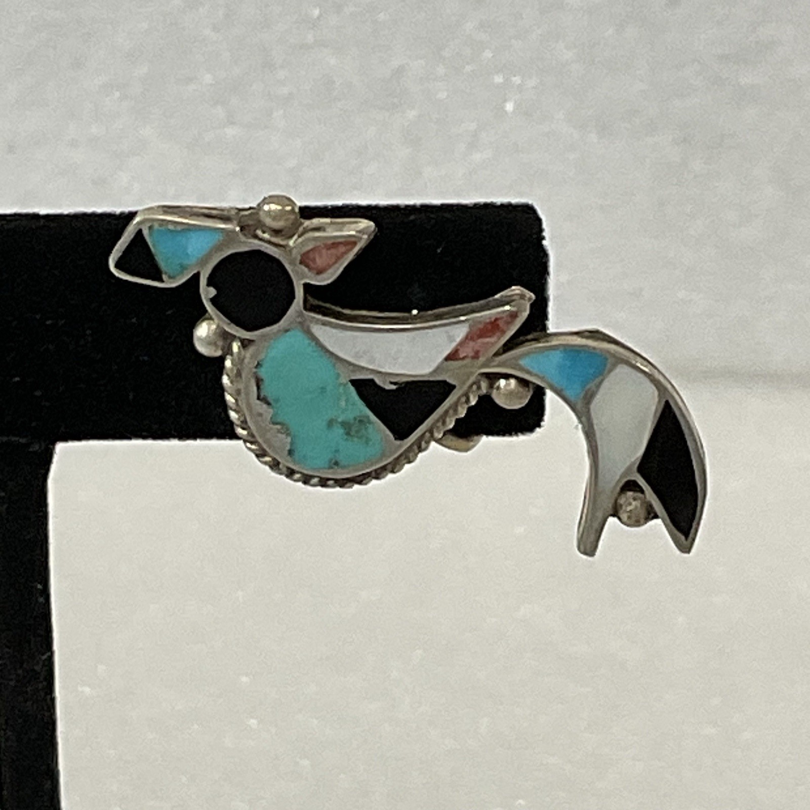 Vintage Sterling Turquoise Onyx Inlay Bird Earrings Screw Back Southwest - Image 14