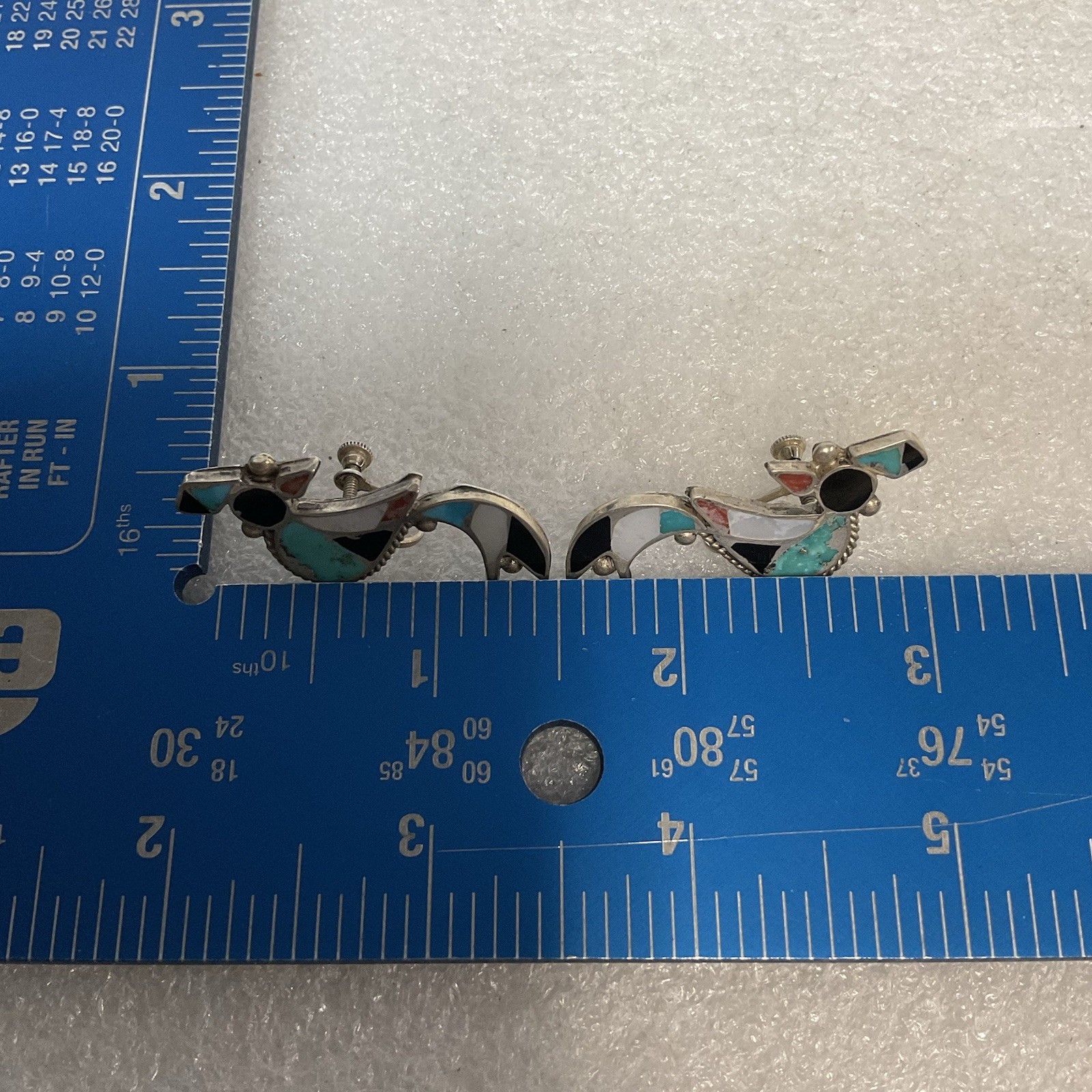 Vintage Sterling Turquoise Onyx Inlay Bird Earrings Screw Back Southwest - Image 16