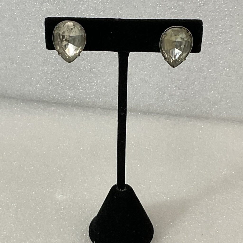 Vintage Sterling Teardrop Screw Back Earrings Clear Glass Stones 6g - Image 1