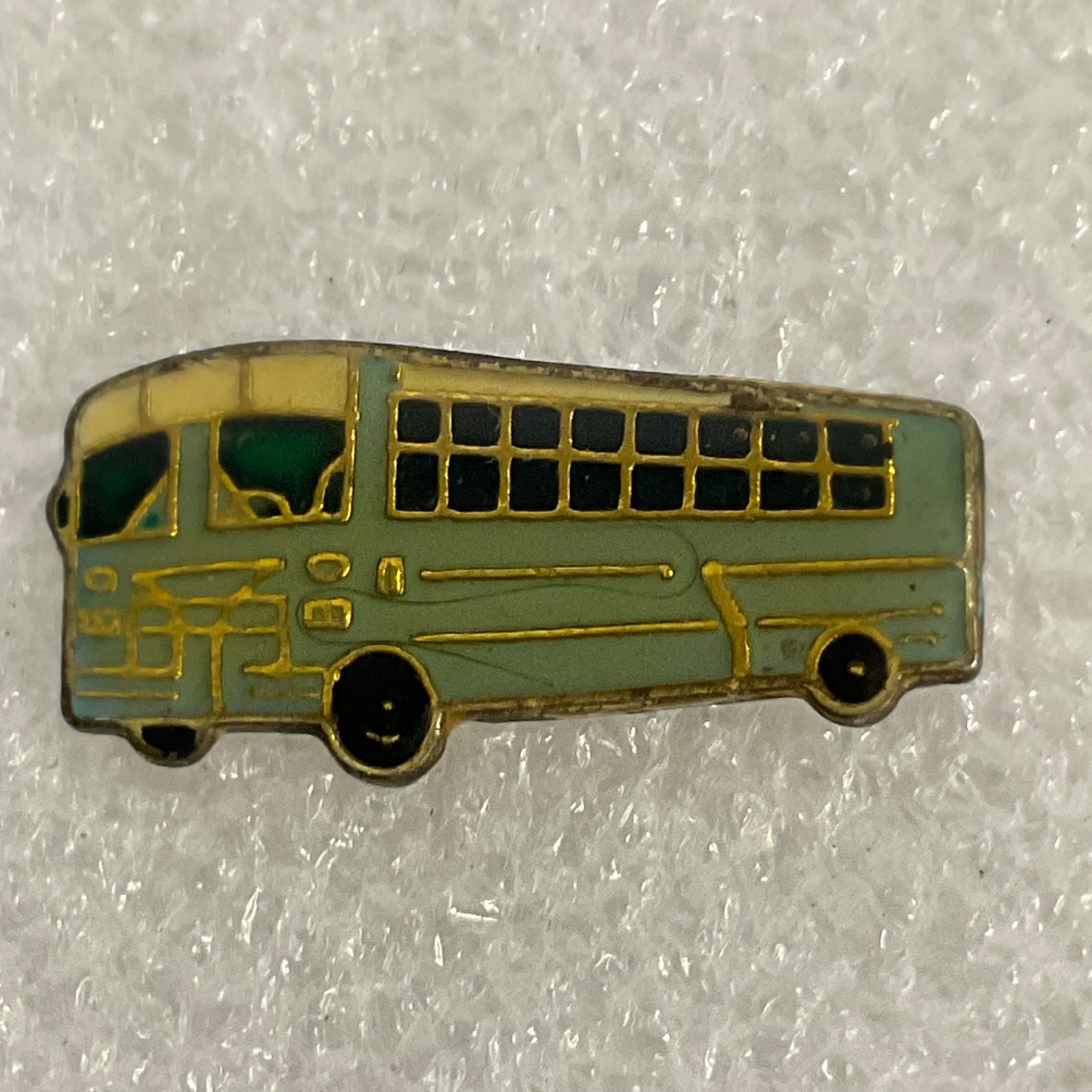 VTG School Bus Pin Badge Green Gold Enamel Lapel Transportation Collectible - Image 1