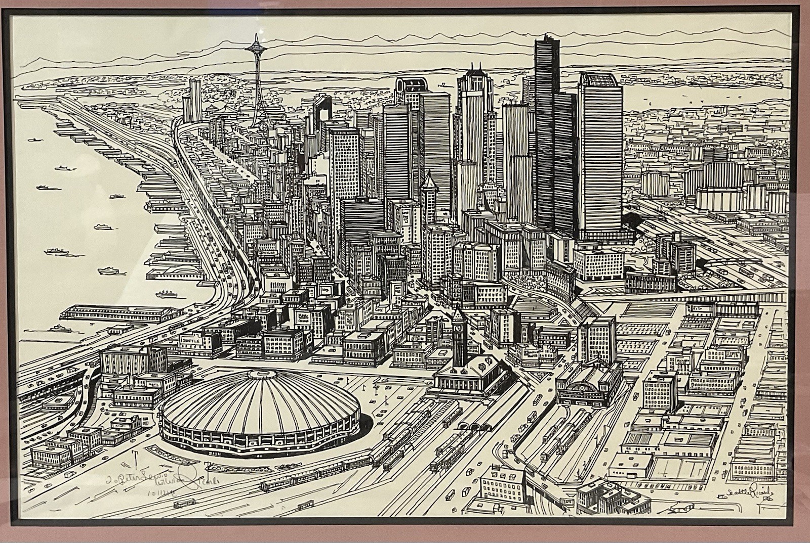 Signed Ricardo “Seattle Skyline” Vintage 1990 Framed Art – Space Needle & Dome - Image 2