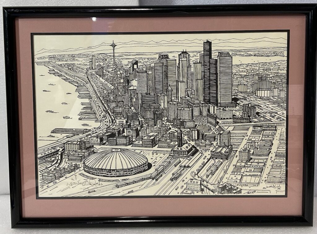 Signed Ricardo “Seattle Skyline” Vintage 1990 Framed Art – Space Needle & Dome - Image 1