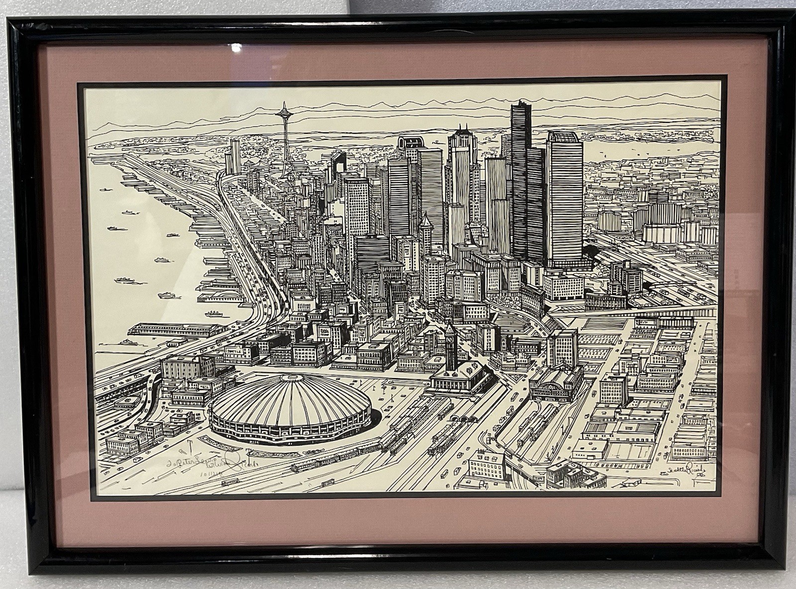 Signed Ricardo “Seattle Skyline” Vintage 1990 Framed Art – Space Needle & Dome - Image 1
