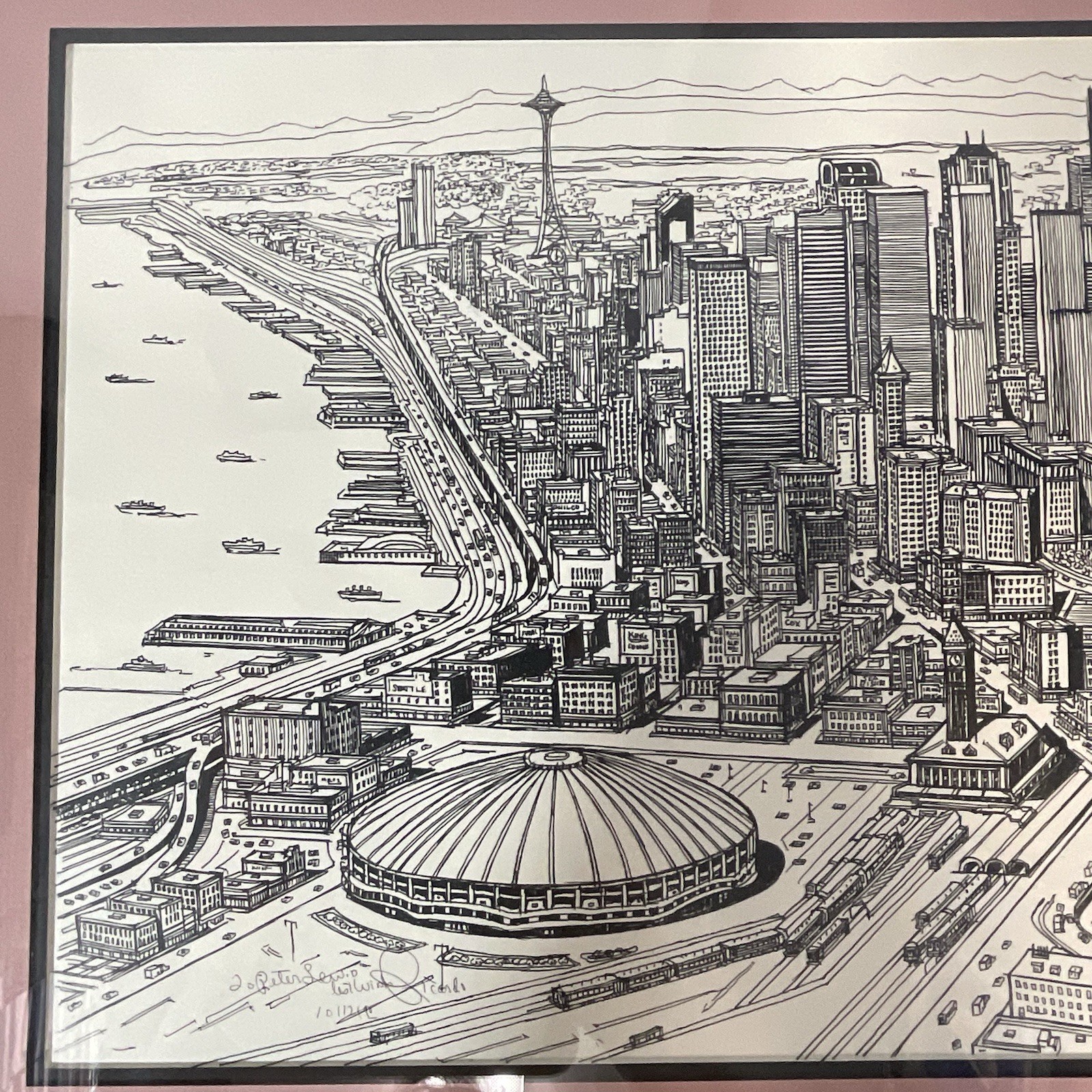 Signed Ricardo “Seattle Skyline” Vintage 1990 Framed Art – Space Needle & Dome - Image 3