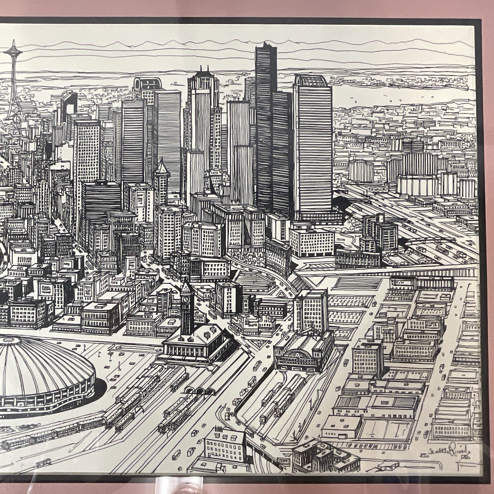 Signed Ricardo “Seattle Skyline” Vintage 1990 Framed Art – Space Needle & Dome - Image 5