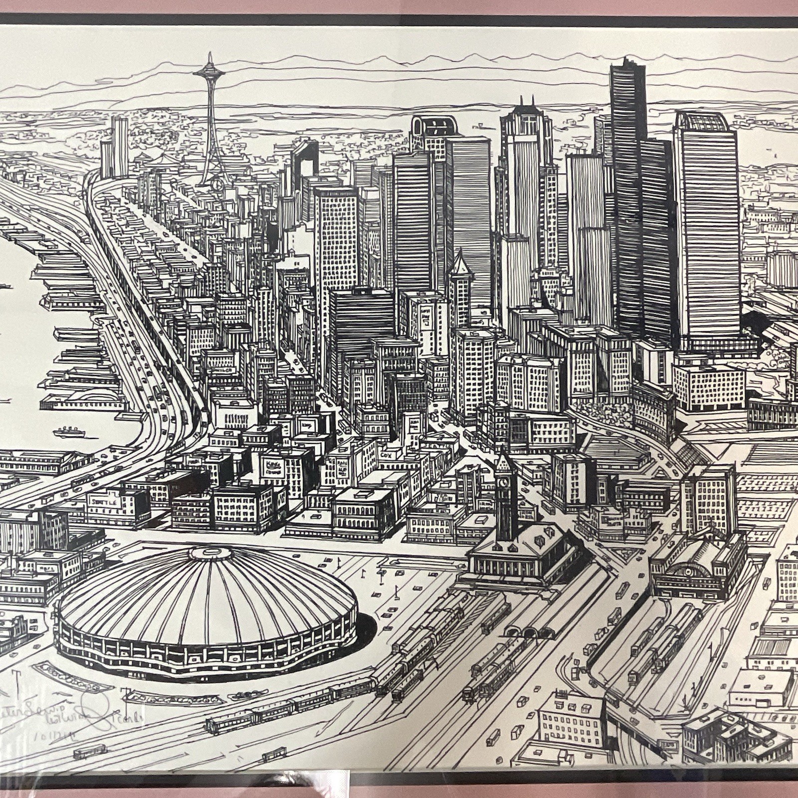 Signed Ricardo “Seattle Skyline” Vintage 1990 Framed Art – Space Needle & Dome - Image 4