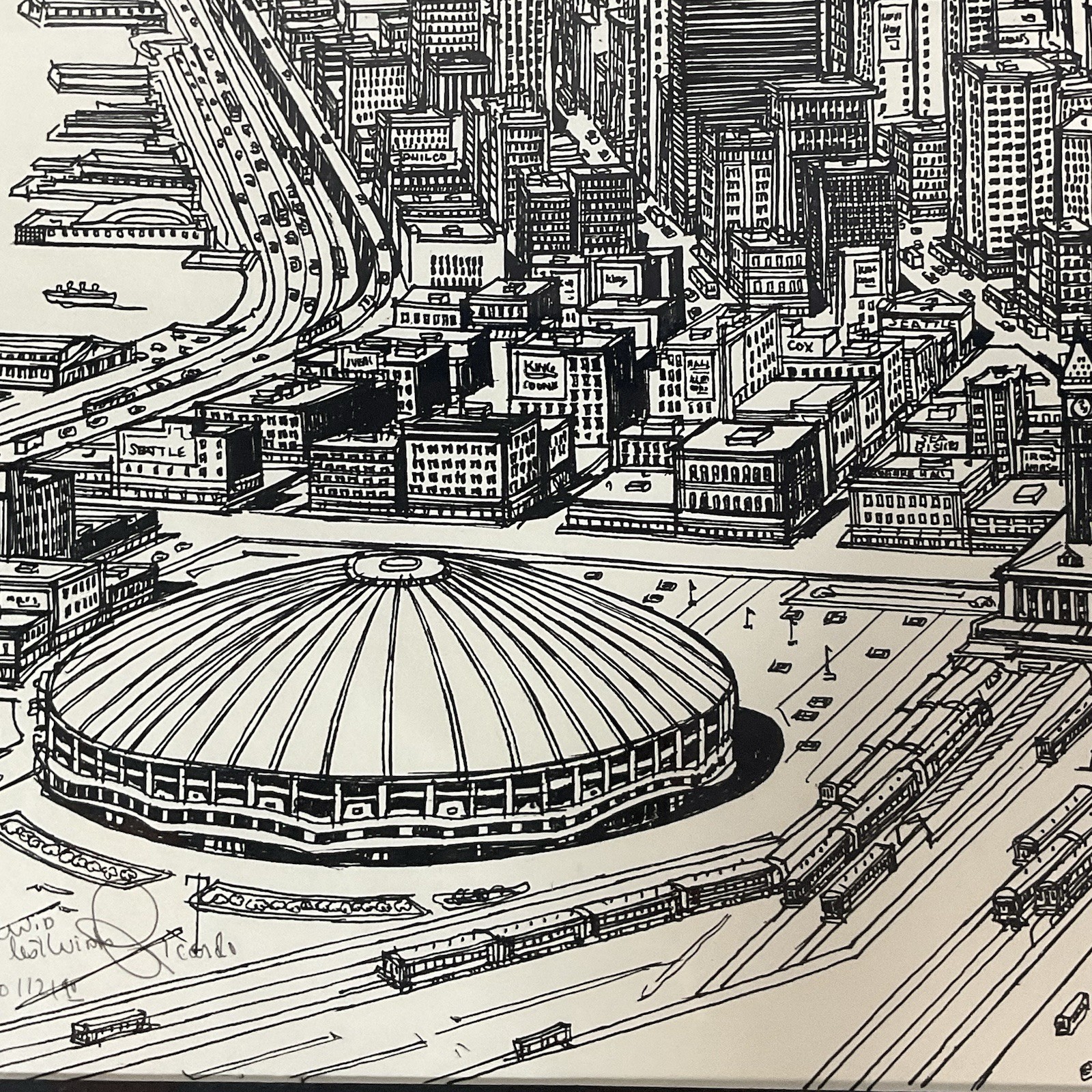 Signed Ricardo “Seattle Skyline” Vintage 1990 Framed Art – Space Needle & Dome - Image 13