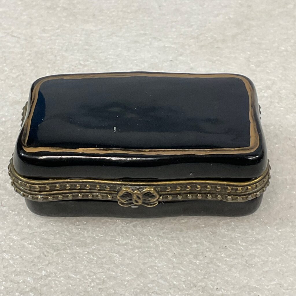 Black Hinged Pill Trinket Box Mirror Pastel Grid Gold Tone Trim 2.25in - Image 1