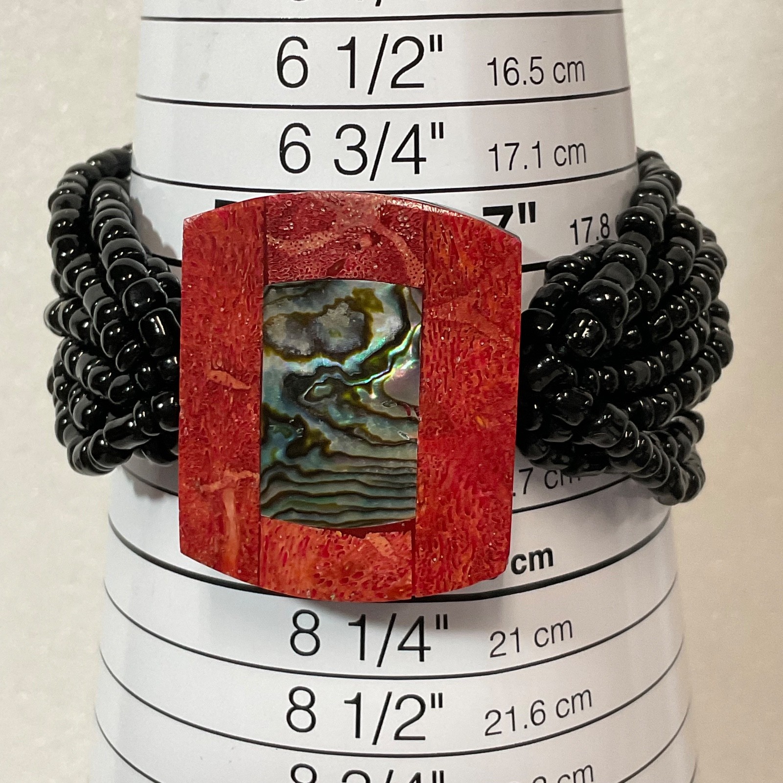 7in Black Beaded Stretch Bracelet Red Coral Abalone Inlay Fair Trade Indonesia - Image 1