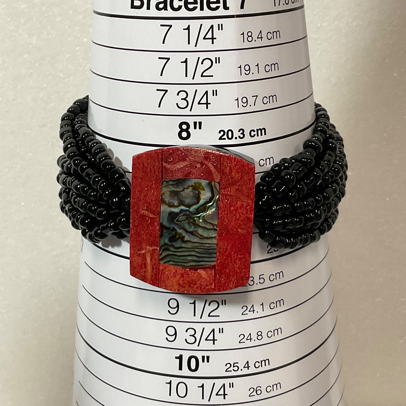 7in Black Beaded Stretch Bracelet Red Coral Abalone Inlay Fair Trade Indonesia - Image 2