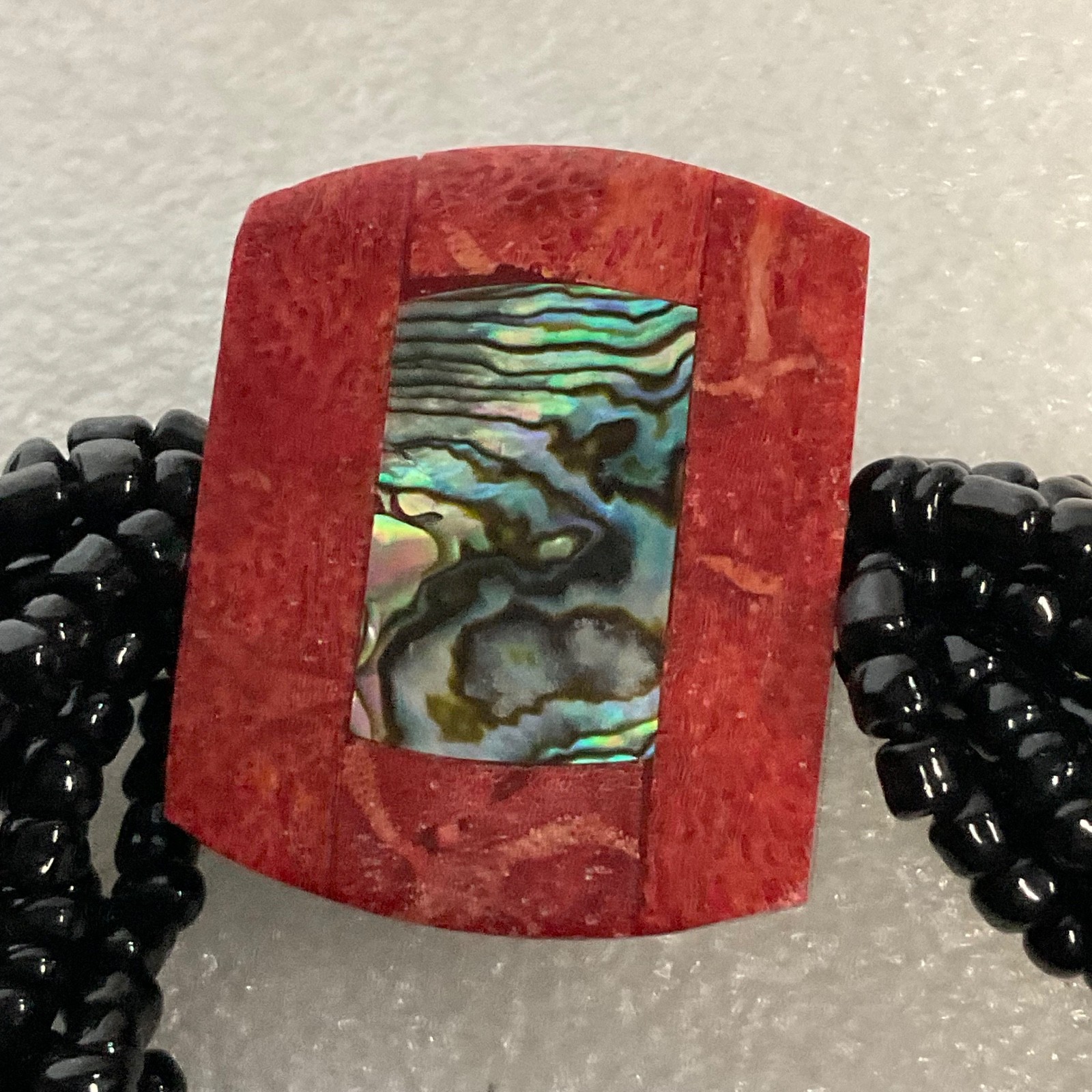 7in Black Beaded Stretch Bracelet Red Coral Abalone Inlay Fair Trade Indonesia - Image 9