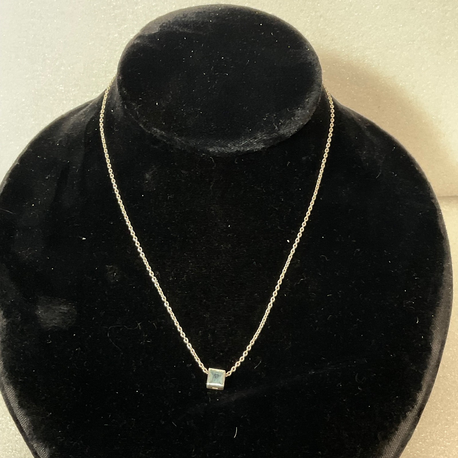 16in Sterling Silver Necklace Square Blue Gem Pendant 2.83g Minimalist Jewelry - Image 2
