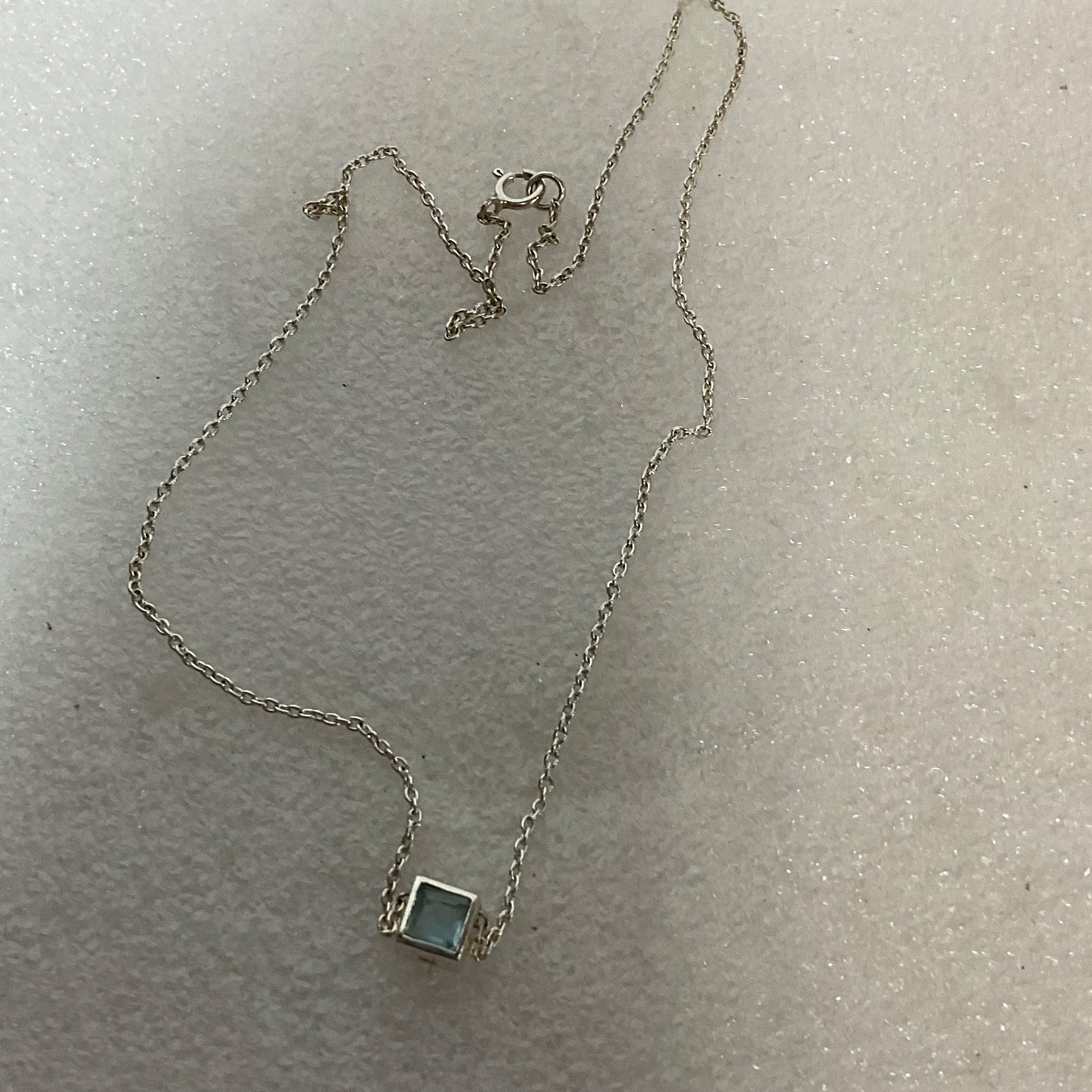 16in Sterling Silver Necklace Square Blue Gem Pendant 2.83g Minimalist Jewelry - Image 5