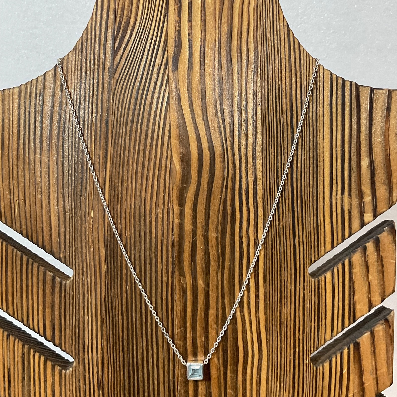 16in Sterling Silver Necklace Square Blue Gem Pendant 2.83g Minimalist Jewelry - Image 3
