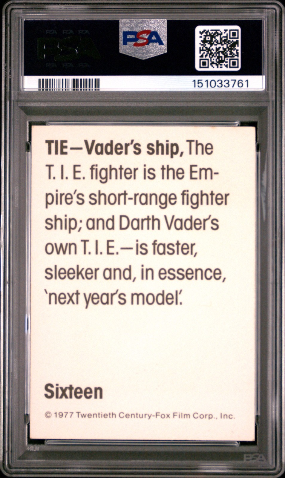 1977 Star Wars Wonder Bread #16 TIE-Vader's Ship PSA 7 CERT#151033761 - Image 2
