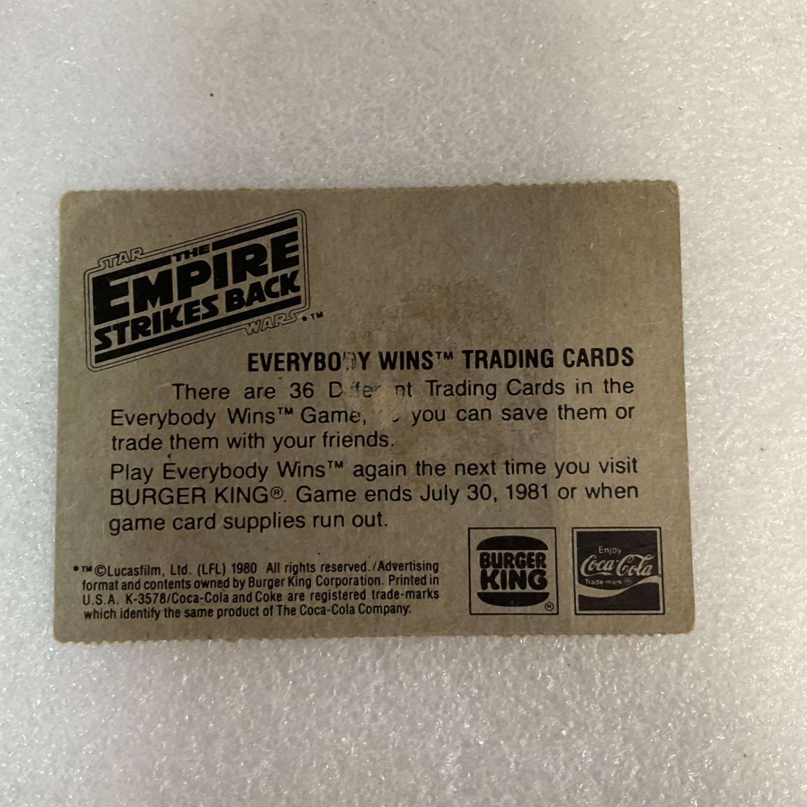Star Wars 1980 Empire Strikes Back Dashing Han Solo Burger King Card - Image 2