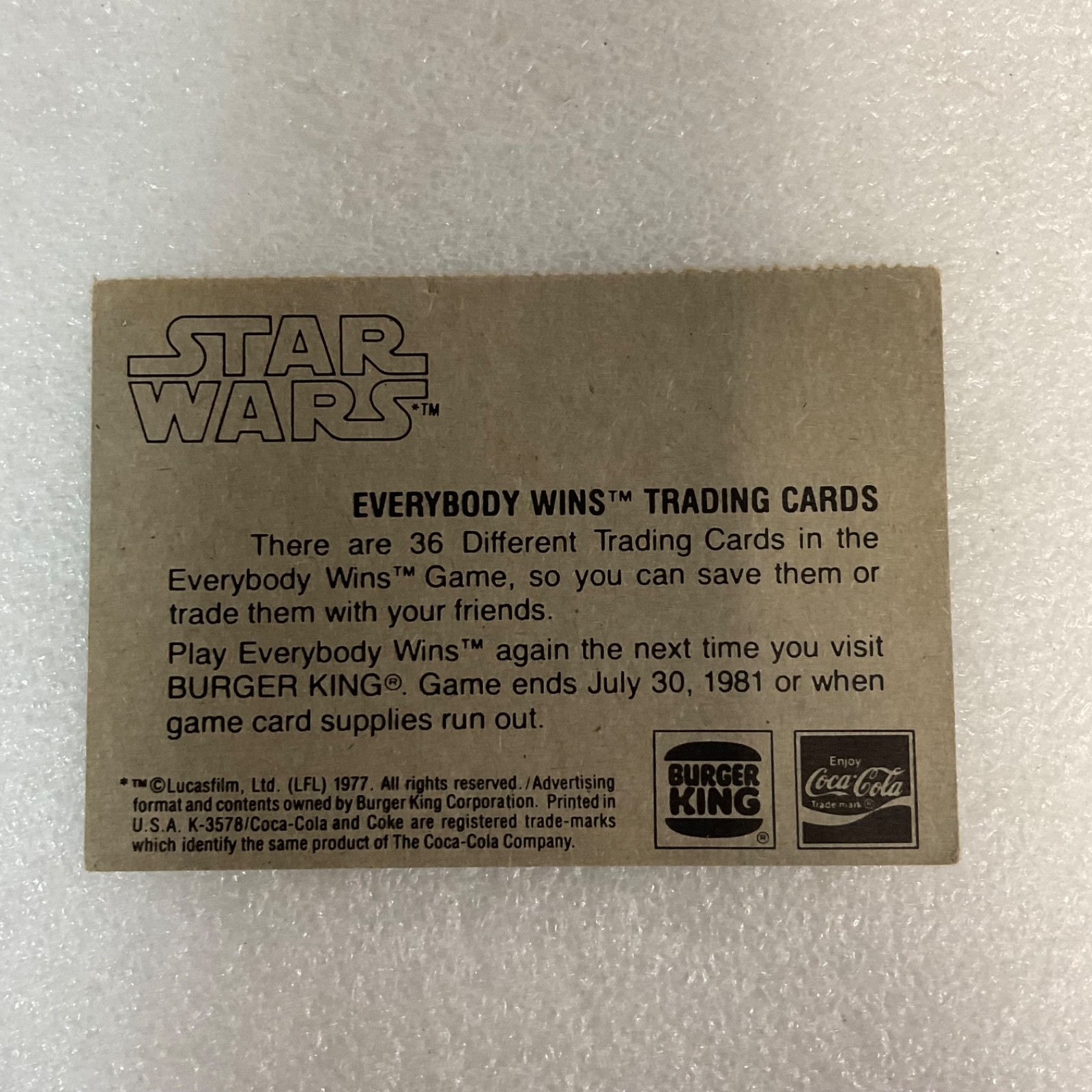 Star Wars 1981 Burger King Everybody Wins R2-D2 and C-3PO Card - Image 2