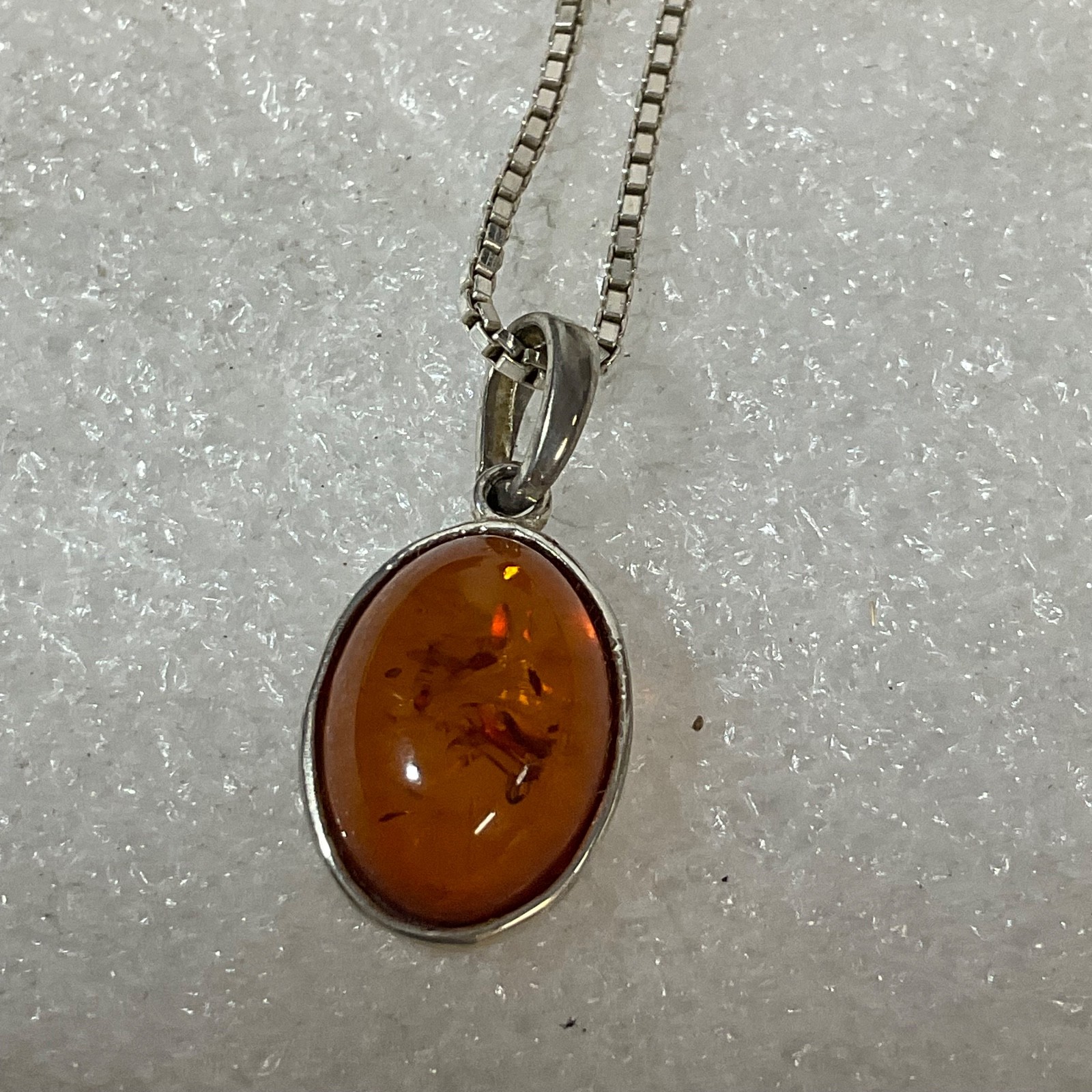 16in Italy 925 Silver Box Chain Necklace Amber Color Resin Cabochon Pendant - Image 13