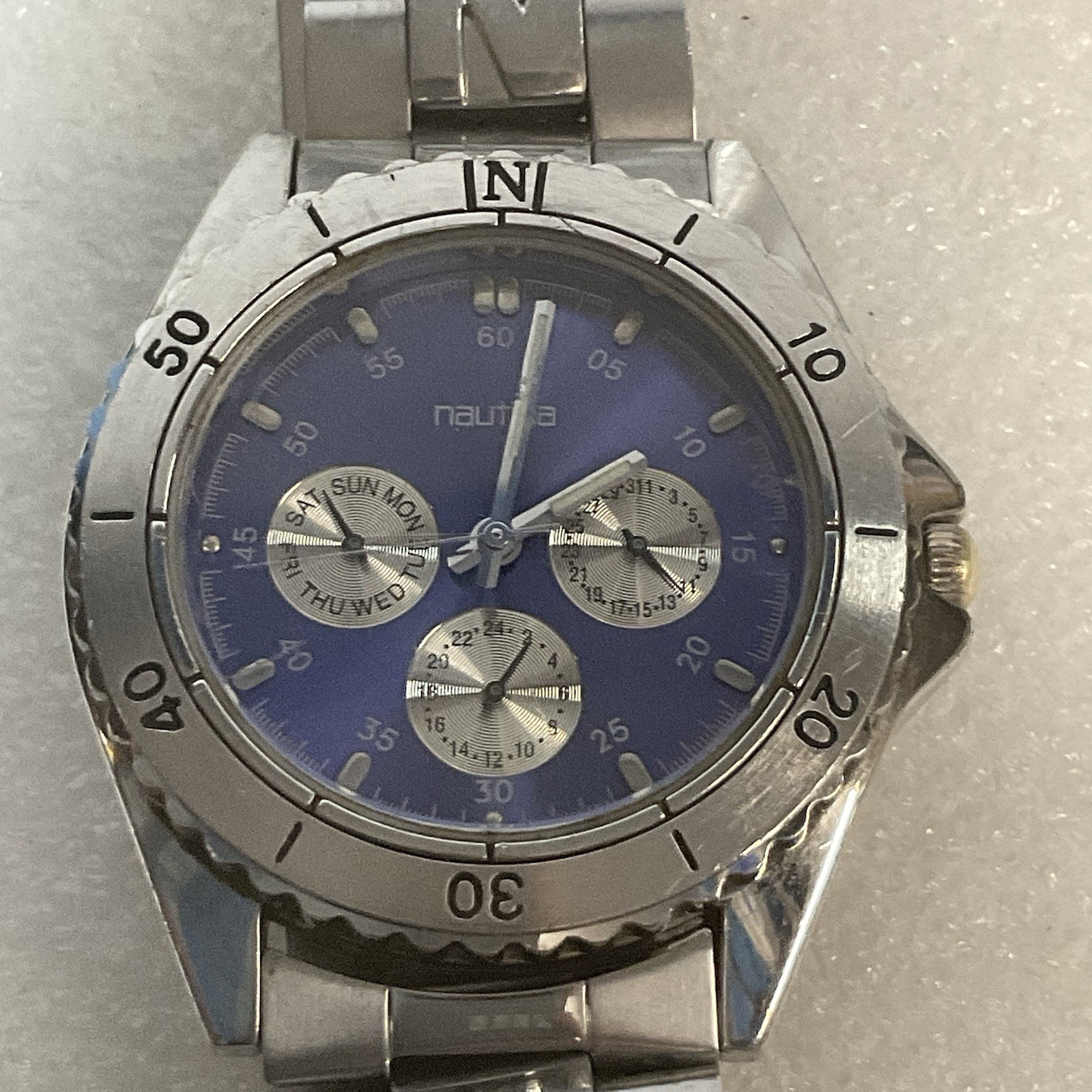 Nautica Watch Blue Dial Weekday 24hr Day Of Month 12 Hr Butterfly Band Preowned - Image 1