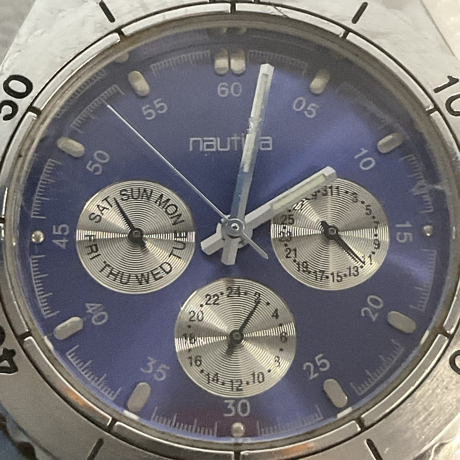 Nautica Watch Blue Dial Weekday 24hr Day Of Month 12 Hr Butterfly Band Preowned - Image 2