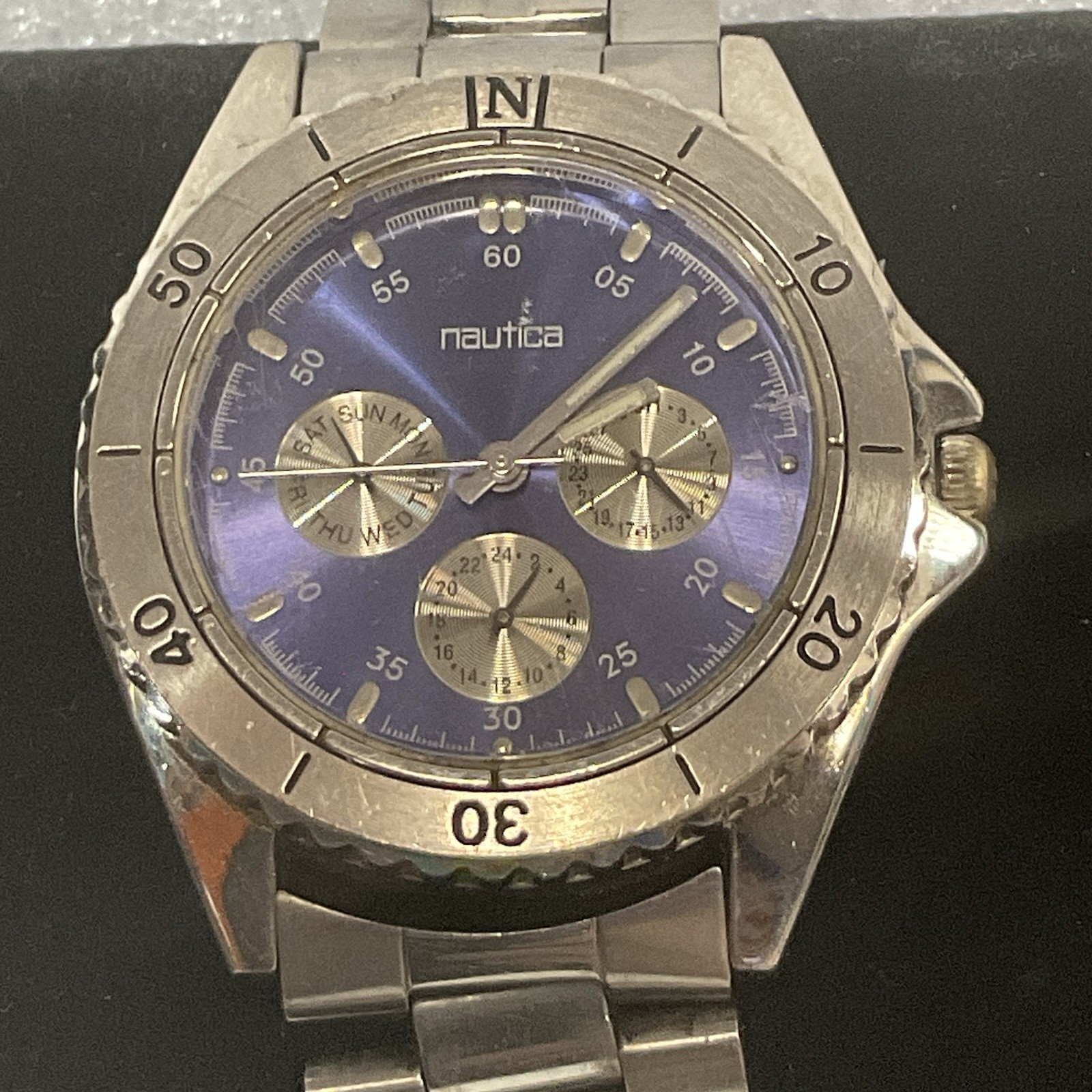 Nautica Watch Blue Dial Weekday 24hr Day Of Month 12 Hr Butterfly Band Preowned - Image 15