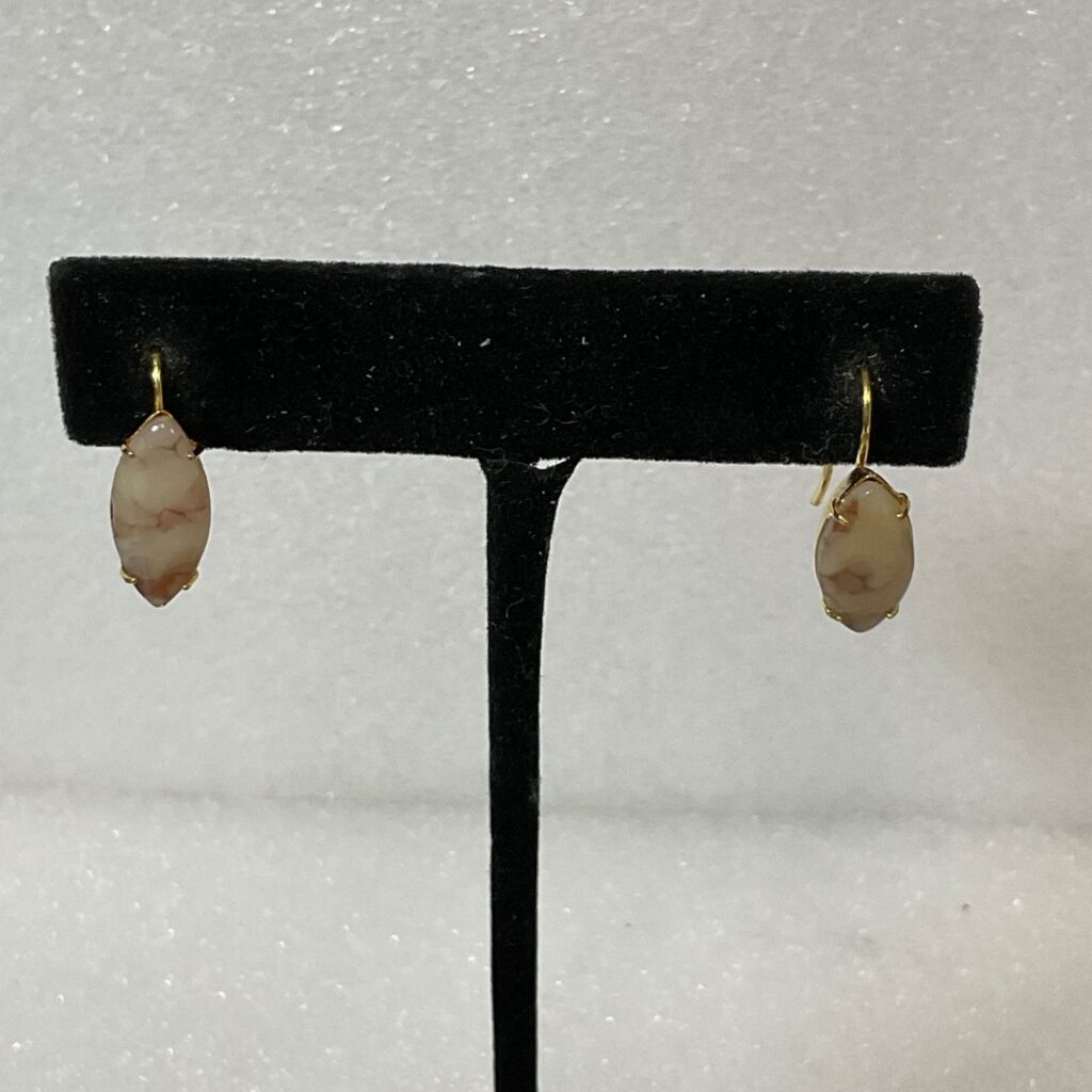 Vintage Gold Tone Drop Earrings 2.34g Marquise Stone Beige Brown Veined Design - Image 1