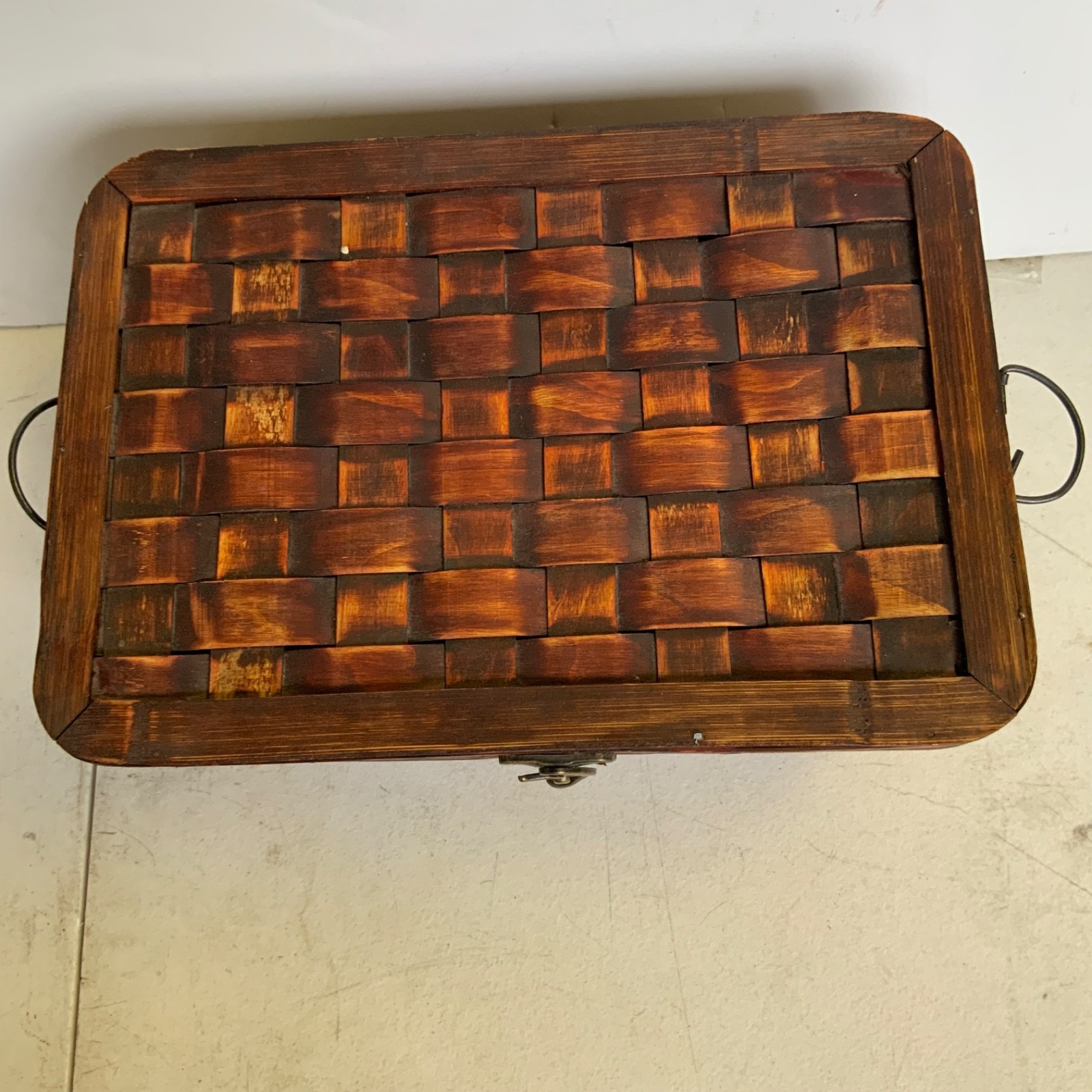 Woven Wood Storage Basket Box With Lid Latch Handles Brown 13.5 in - Image 2