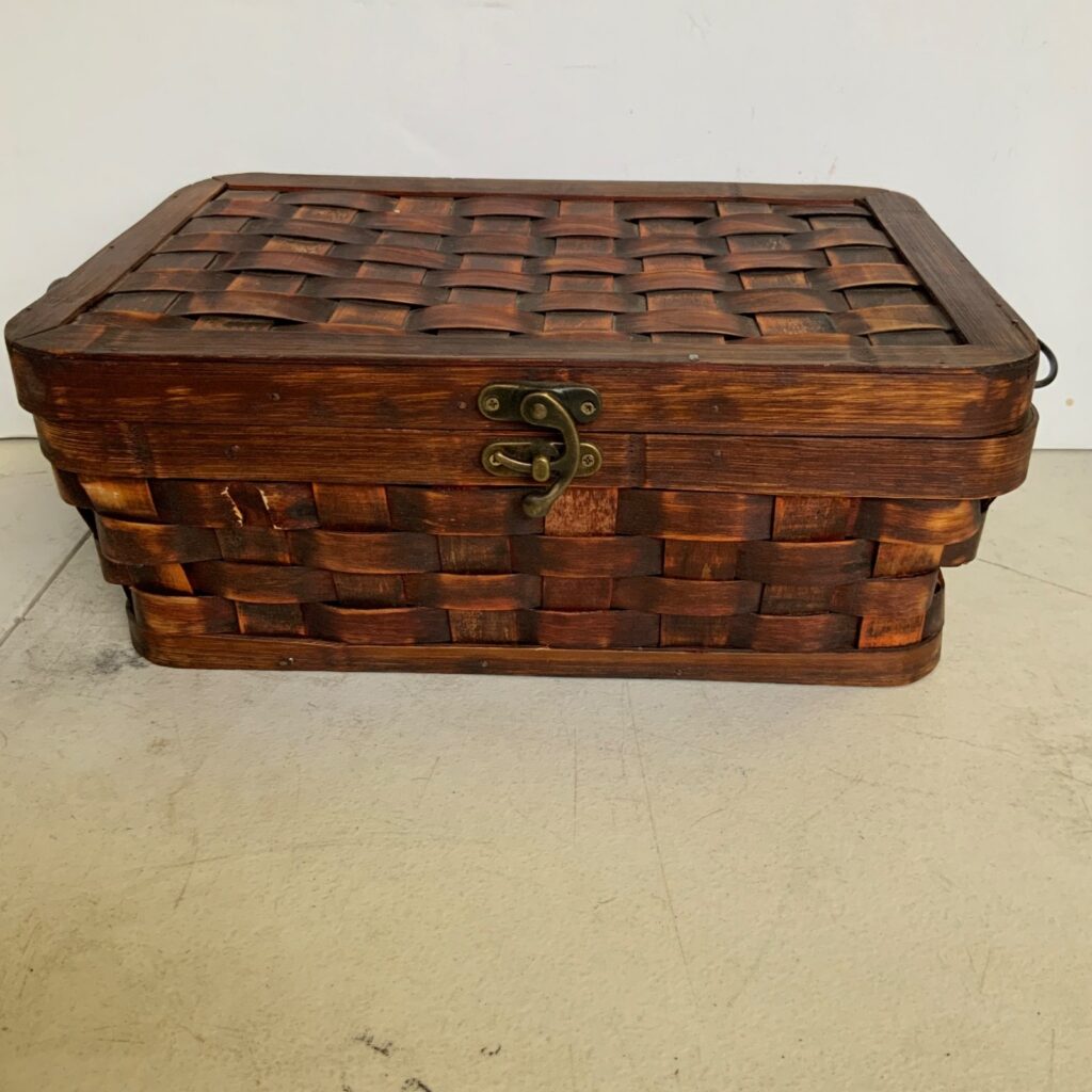Woven Wood Storage Basket Box With Lid Latch Handles Brown 13.5 in - Image 1
