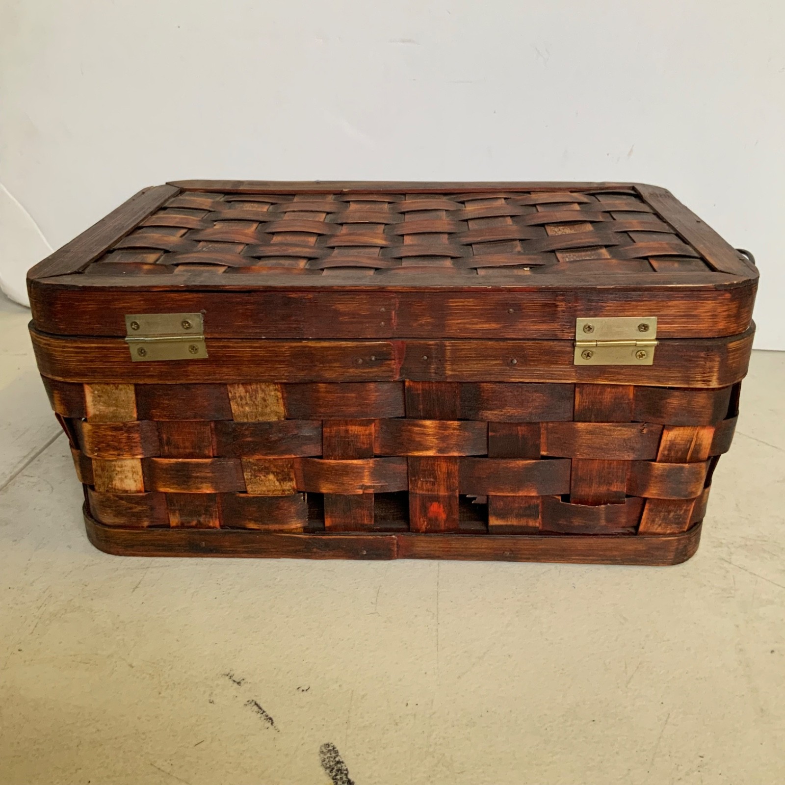 Woven Wood Storage Basket Box With Lid Latch Handles Brown 13.5 in - Image 4