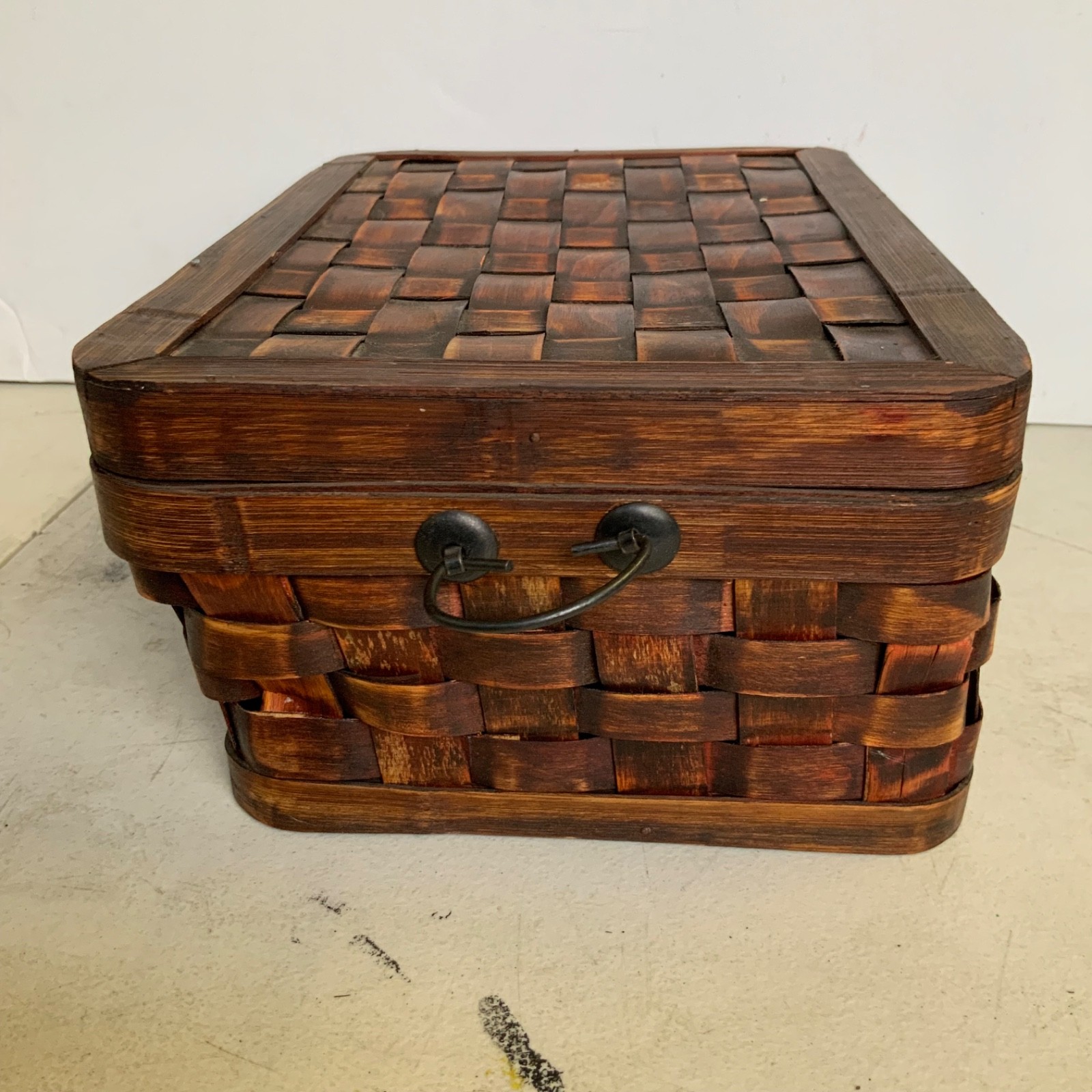 Woven Wood Storage Basket Box With Lid Latch Handles Brown 13.5 in - Image 3