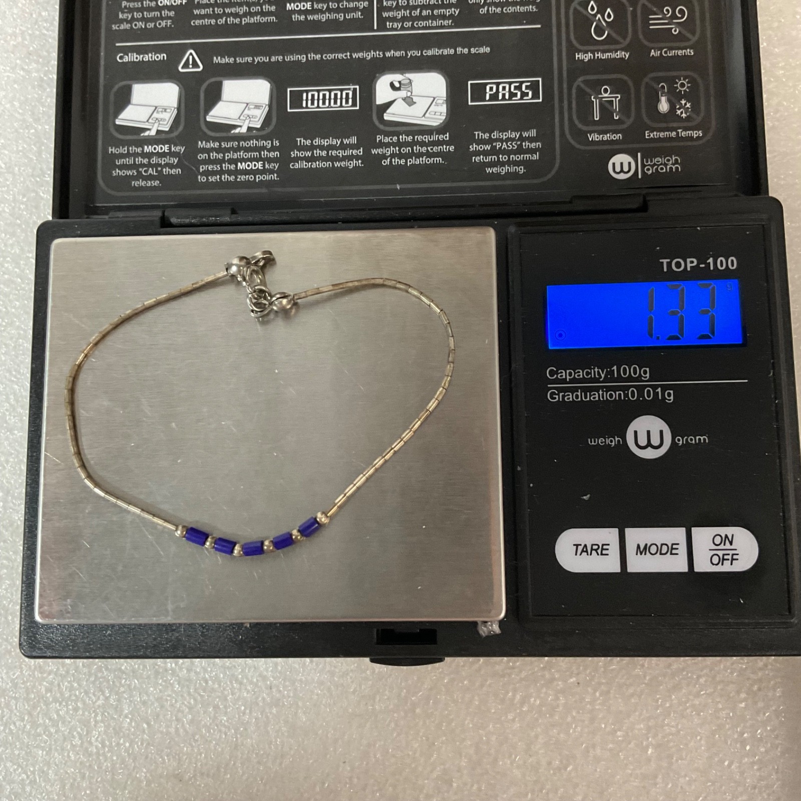 7in Silver Tone Bracelet Blue Tube Beads Minimalist Delicate Jewelry 1.33g - Image 8