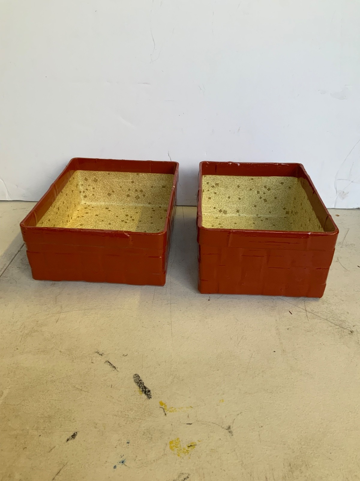 Set of 2 Orange Enameled Faux Wicker Nesting Baskets Speckled Interior 9 in - Image 1