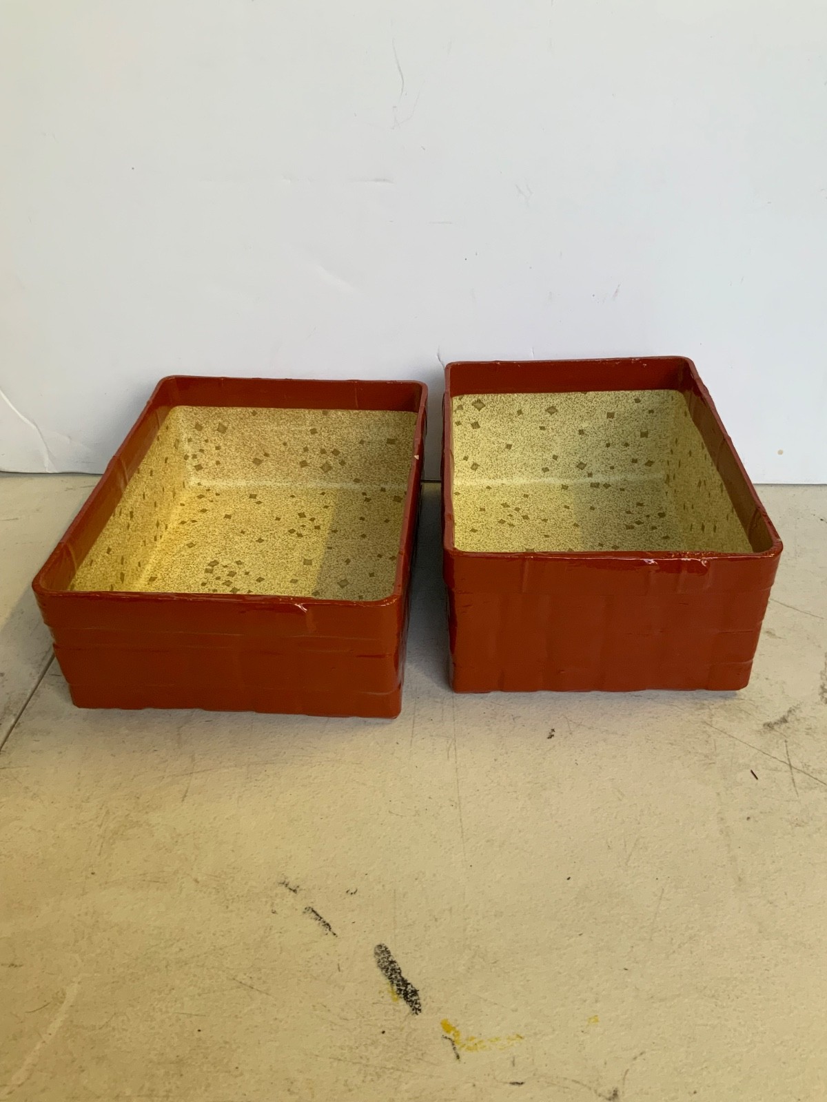 Set of 2 Orange Enameled Faux Wicker Nesting Baskets Speckled Interior 9 in - Image 4
