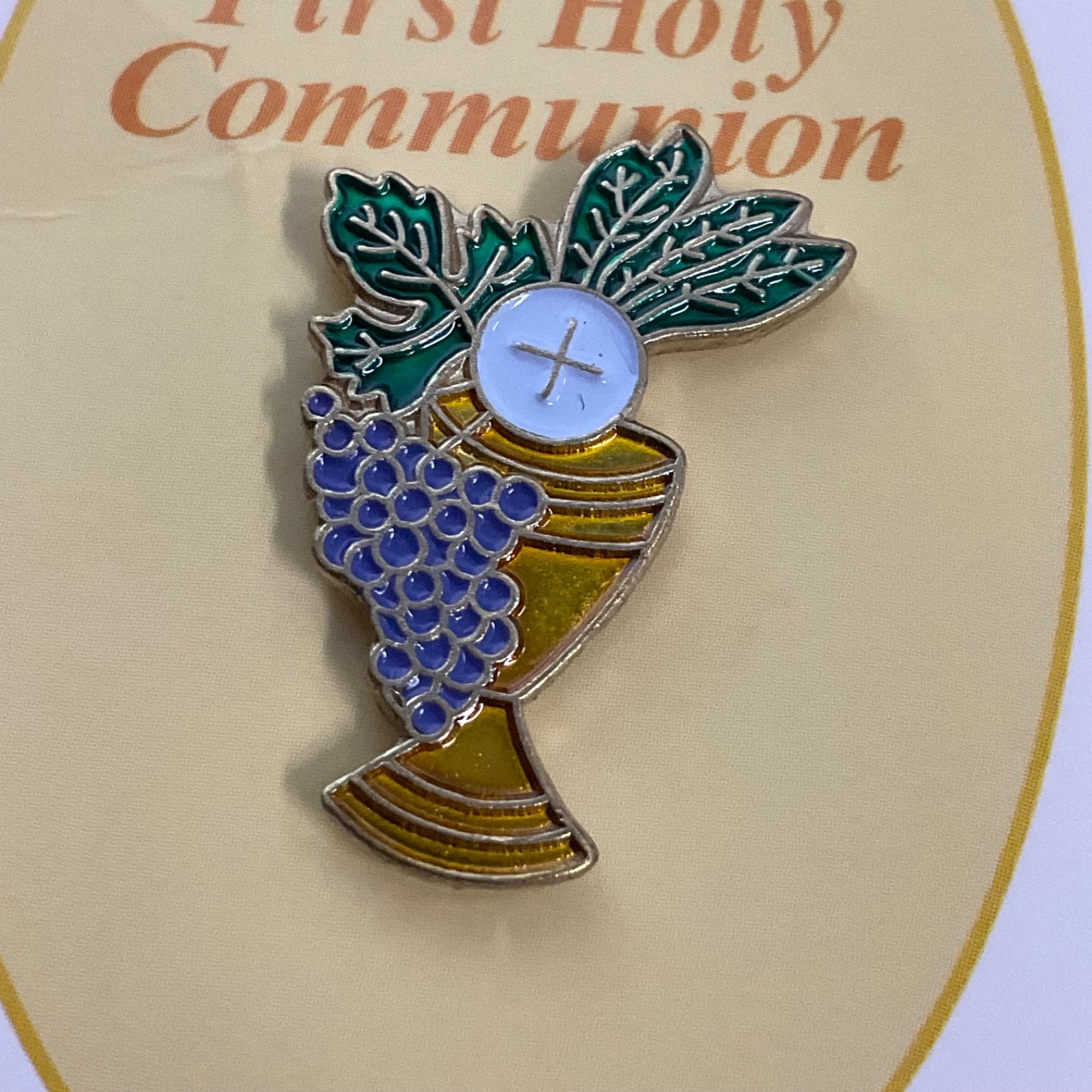First Holy Communion Chalice Enamel Pin Gold Tone Grapes & Host Religious Gift - Image 3