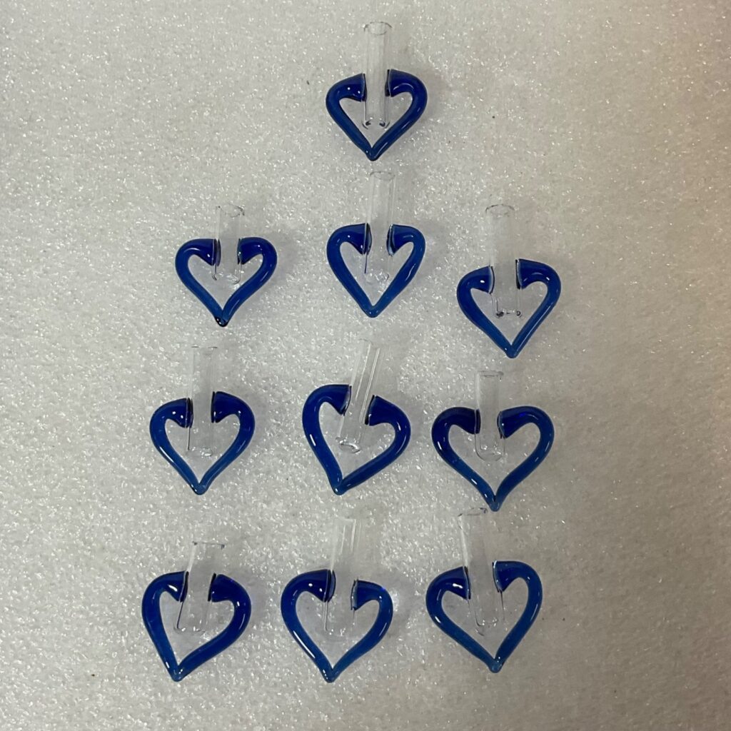 10 Blue Glass Heart Tube Pendants 1.25in Hand Blown Art Jewelry Making Supply - Image 1