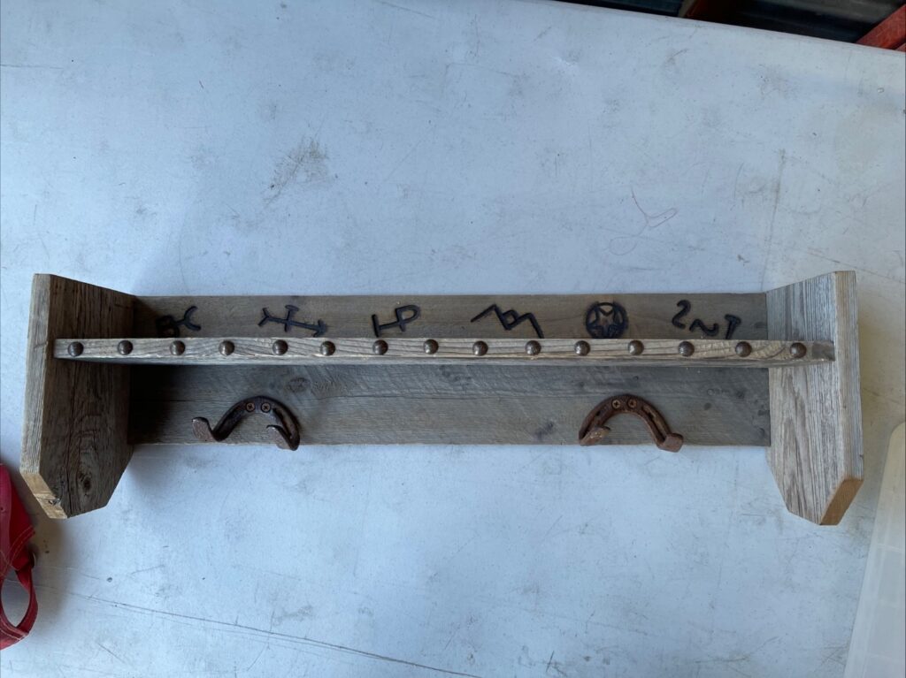 Rustic Western Wall Shelf 23in Reclaimed Wood Horseshoe Hooks Burned Brands - Image 1