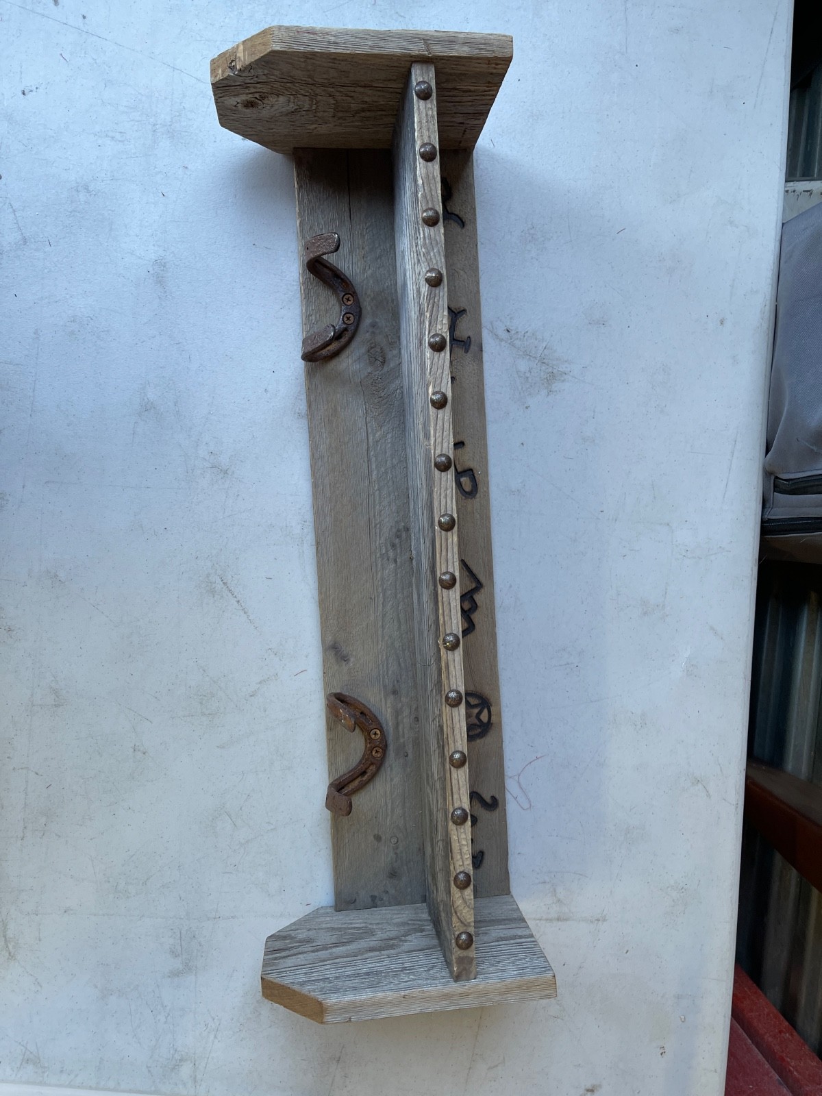 Rustic Western Wall Shelf 23in Reclaimed Wood Horseshoe Hooks Burned Brands - Image 2