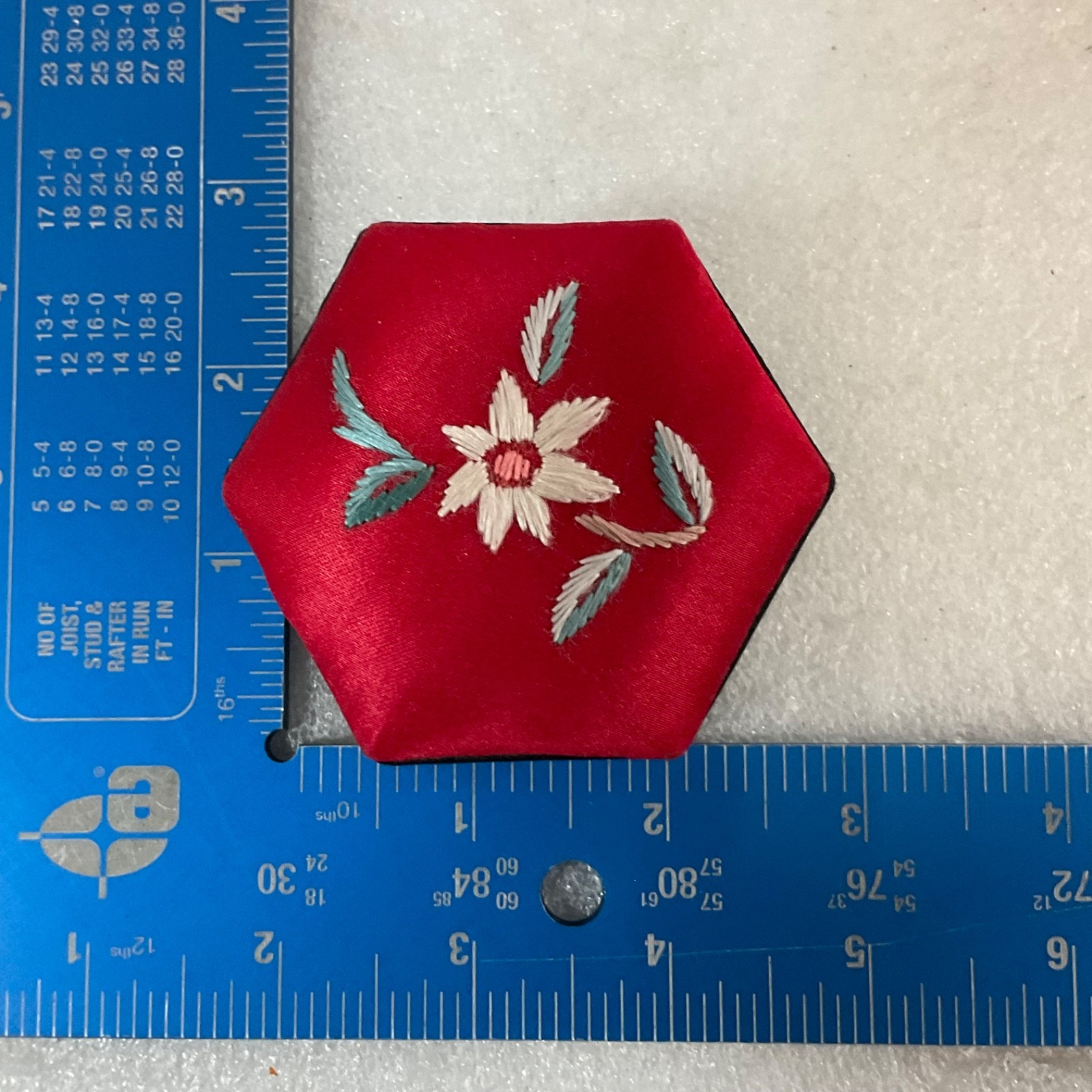 Small Hexagon Jewelry Ring Box Red Floral Embroidered Lid Black Case - Image 5