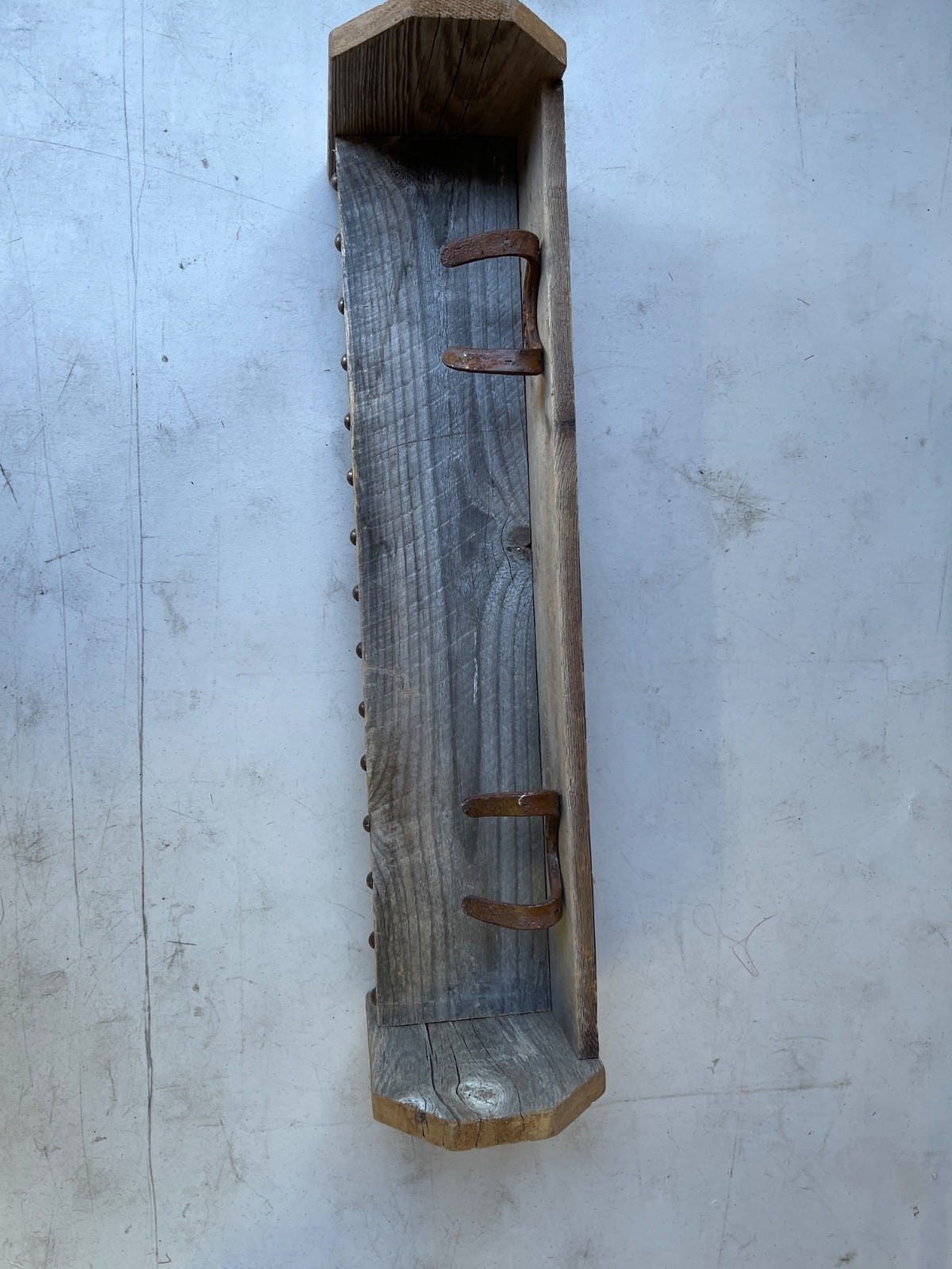 Rustic Western Wall Shelf 23in Reclaimed Wood Horseshoe Hooks Burned Brands - Image 12