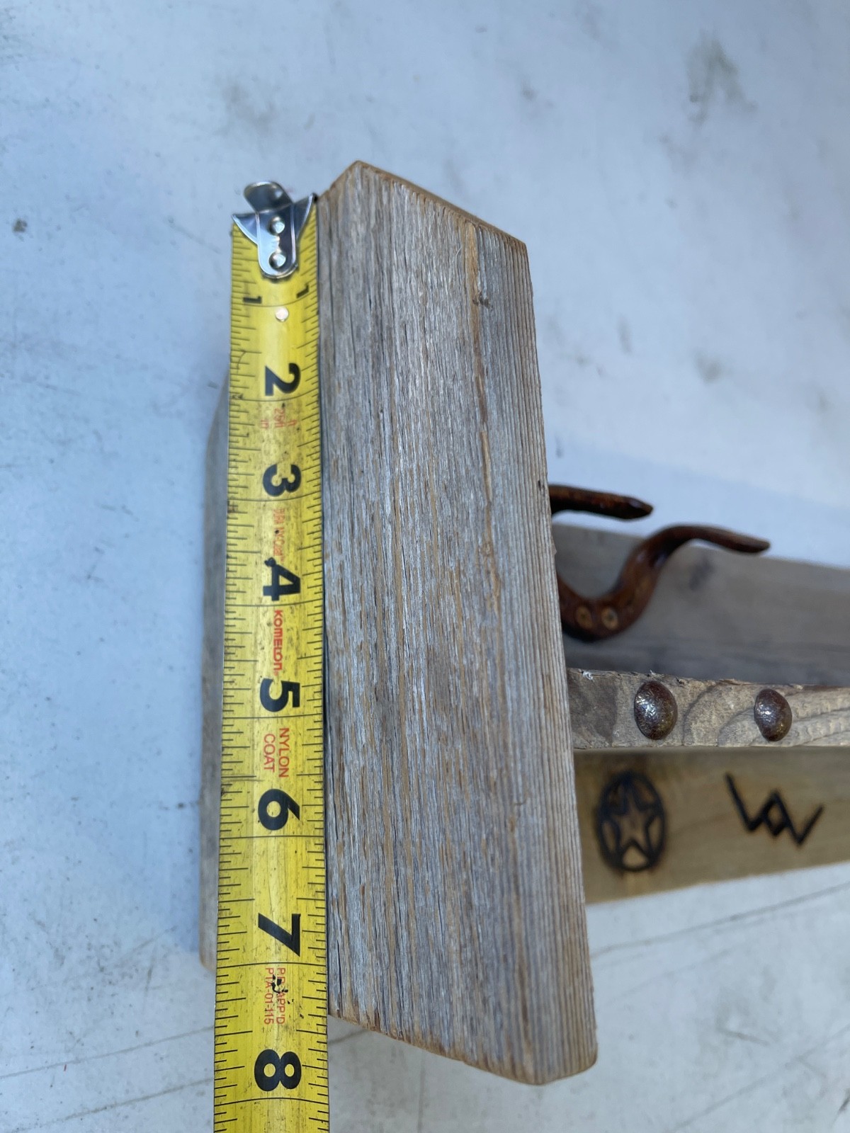 Rustic Western Wall Shelf 23in Reclaimed Wood Horseshoe Hooks Burned Brands - Image 17