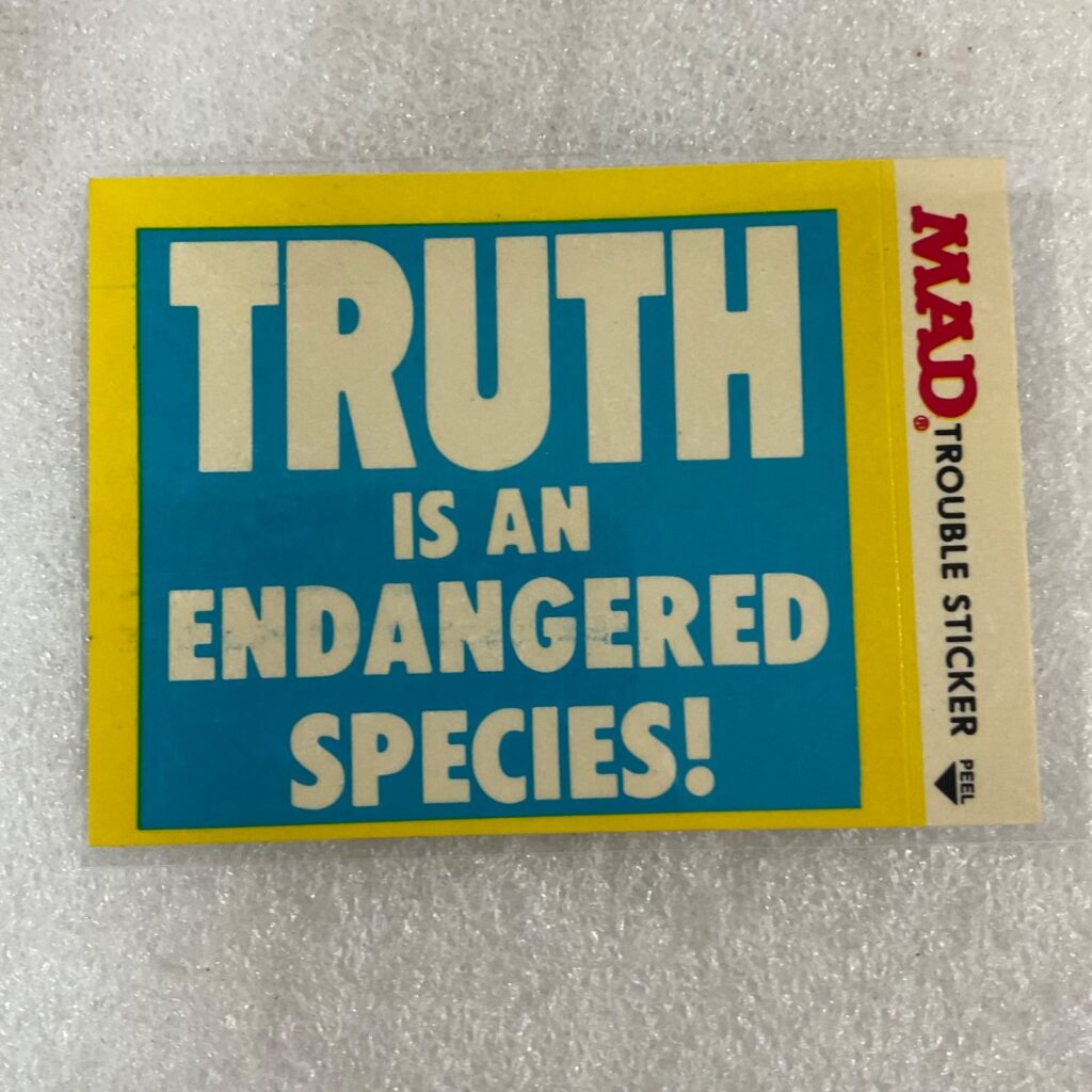 1983 MAD Trouble Stickers Truth Endangered Species Fleer Sticker Card - Image 1