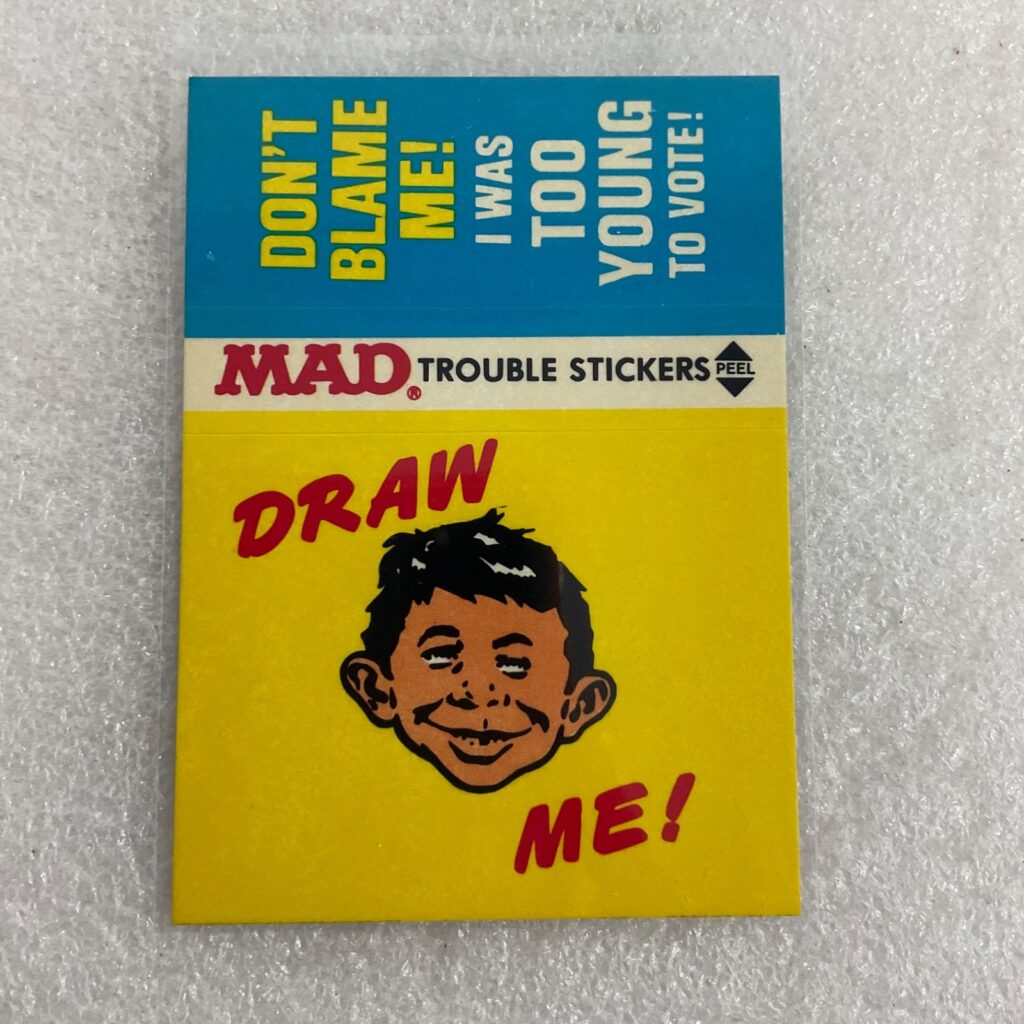 1983 MAD Trouble Stickers Fleer Too Young To Vote Sticker Card - Image 1