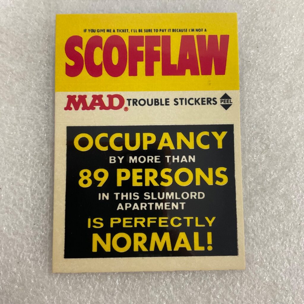 1983 MAD Trouble Stickers Scofflaw Fleer Sticker Card EC Publications - Image 1