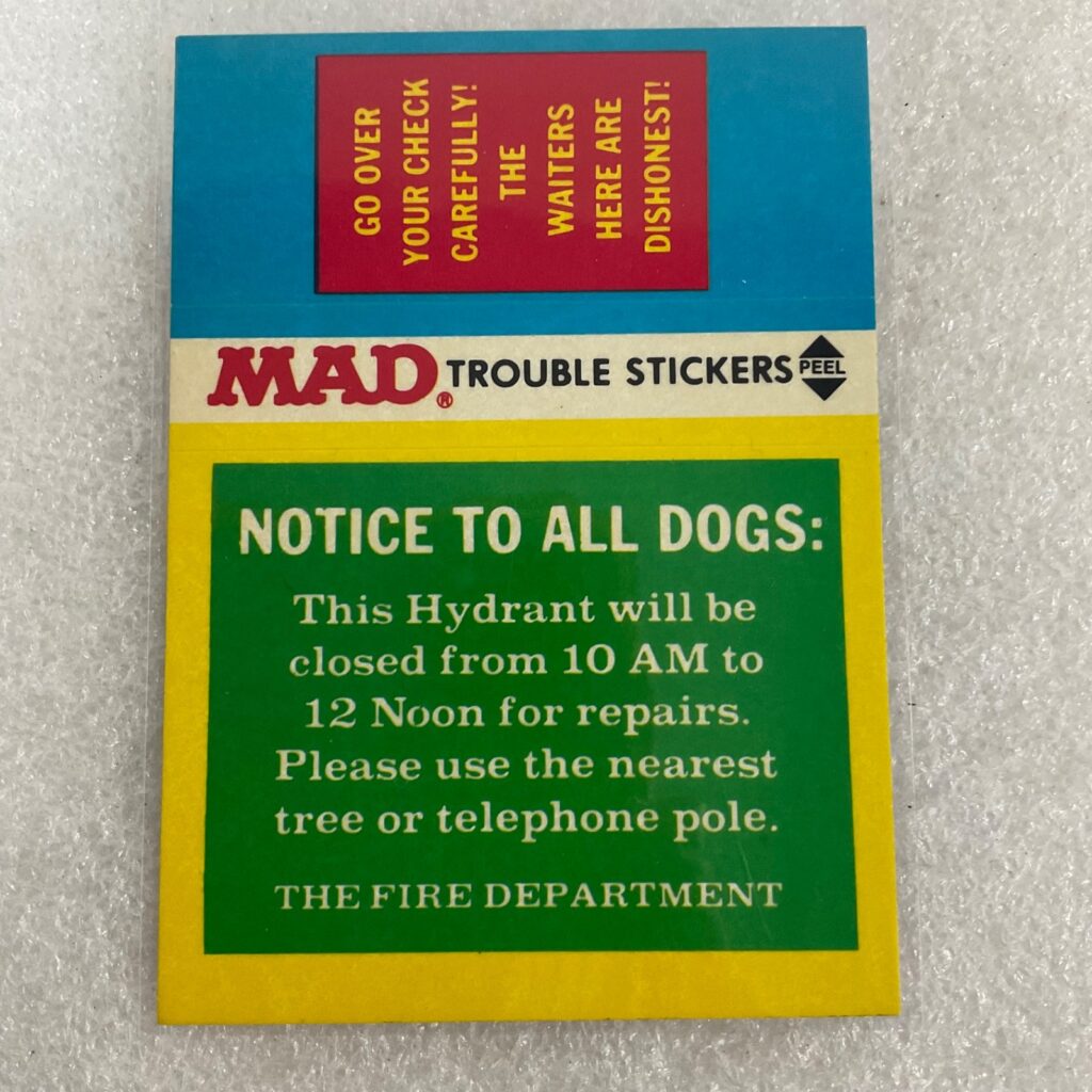 1983 MAD Trouble Stickers Fleer Notice To All Dogs Sticker Card - Image 1