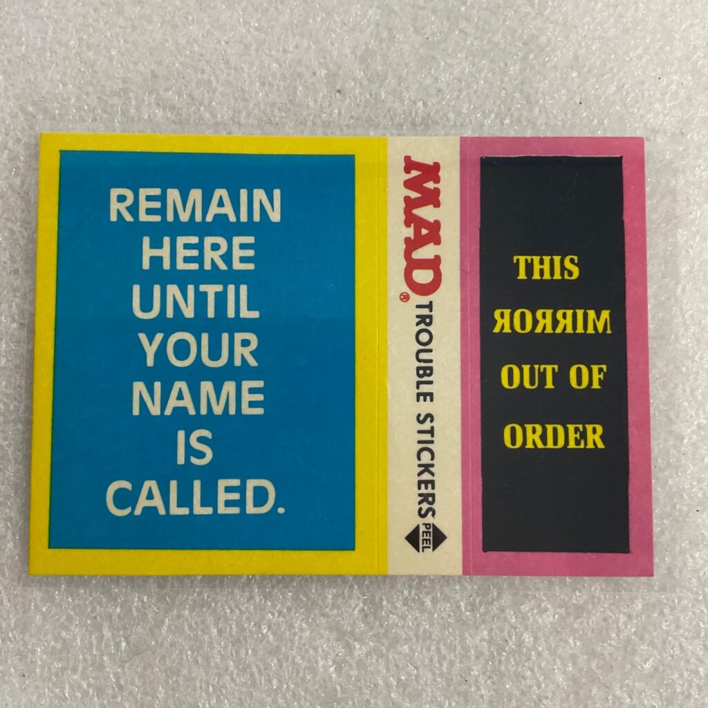 1983 MAD Trouble Stickers Fleer Mirror Out Of Order Sticker Card - Image 1