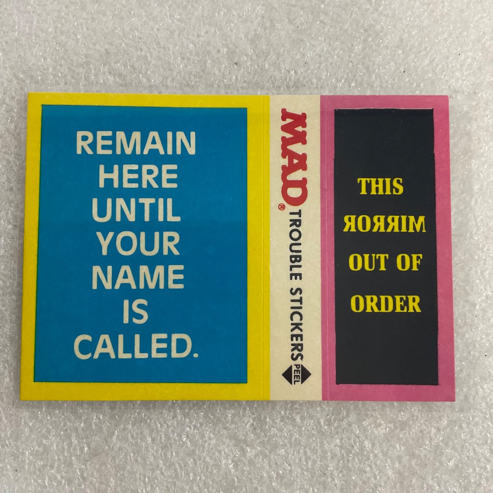 1983 MAD Trouble Stickers Fleer Mirror Out Of Order Sticker Card - Image 1