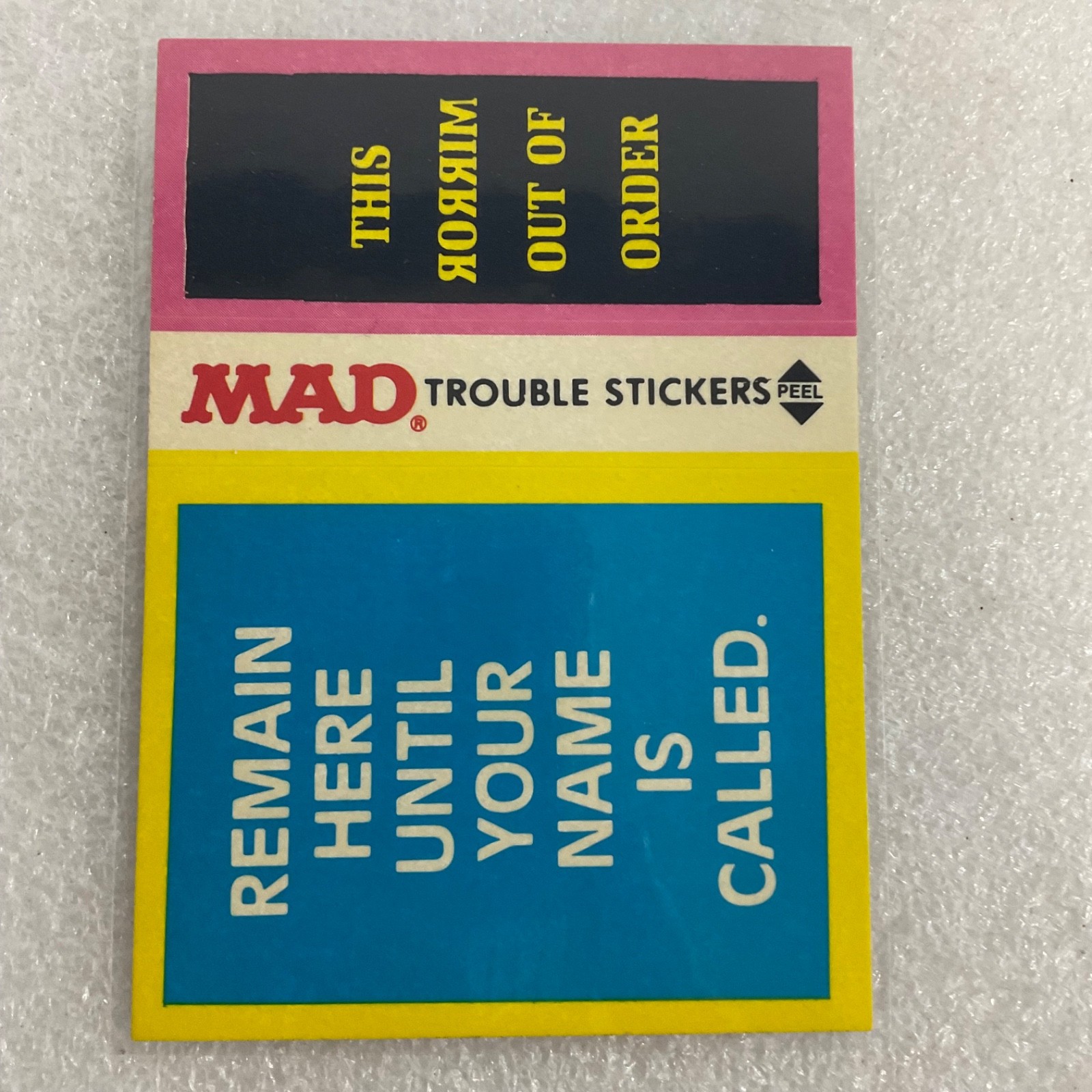 1983 MAD Trouble Stickers Fleer Mirror Out Of Order Sticker Card - Image 2